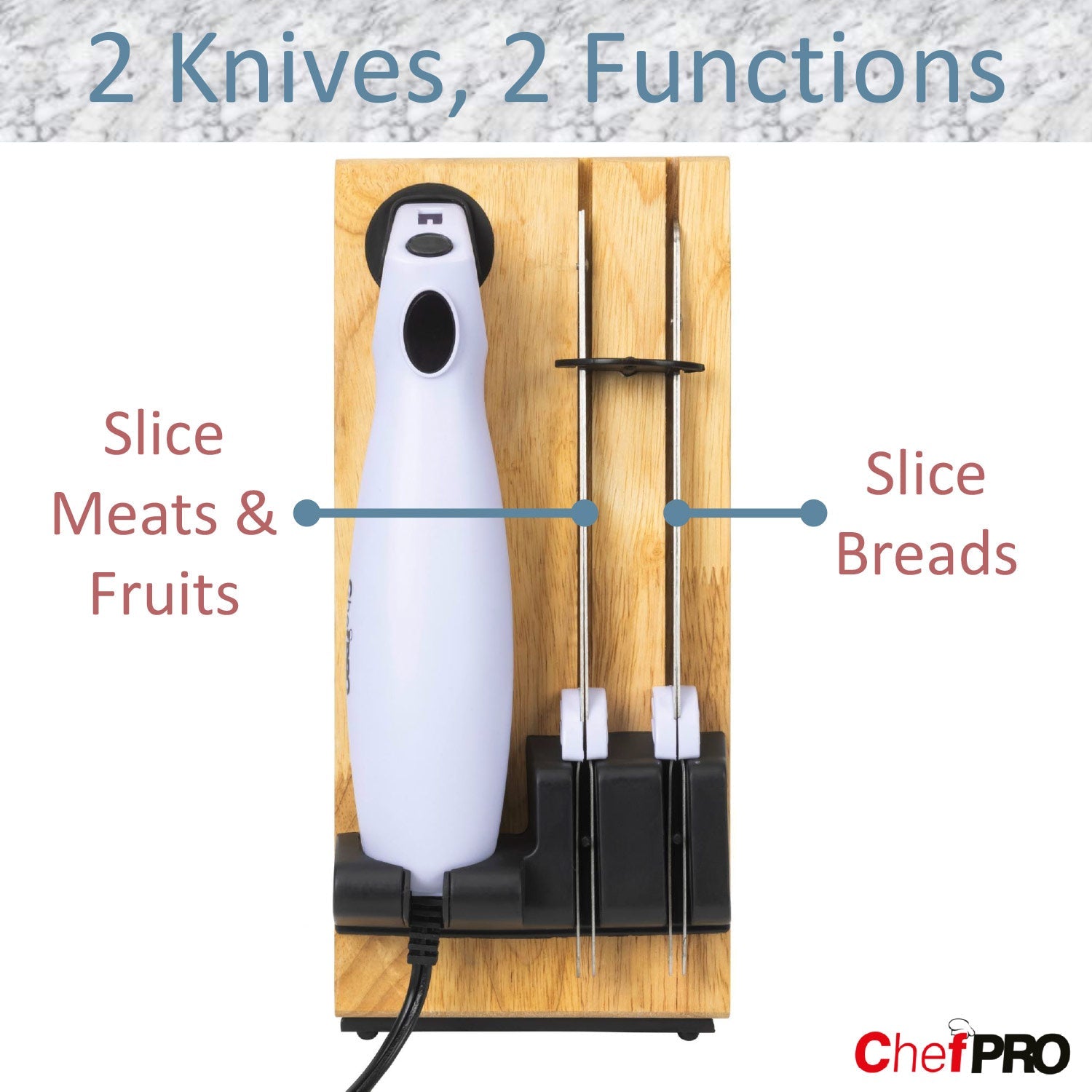 PREMIUS Serrated Carving Electric Knife Set With Wooden Storage Tray, with 2 Stainless Steel Blades