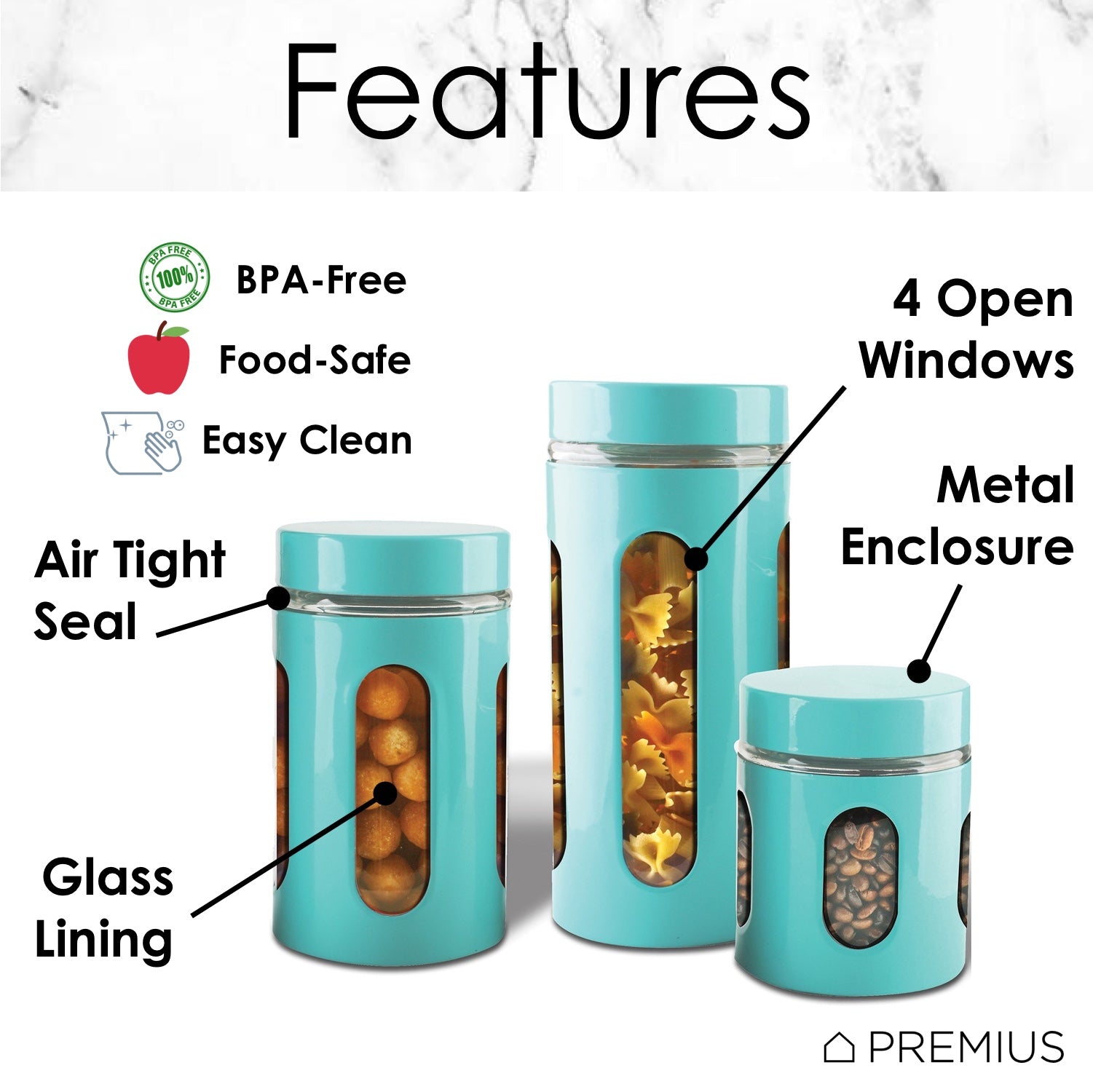 Premius Airtight 3-Piece Kitchen Glass Canister Set, Turquoise Blue