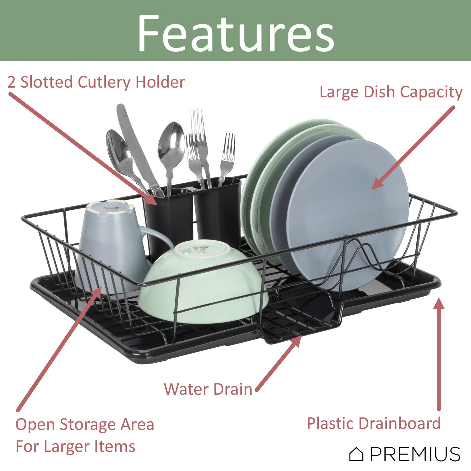 Premius 3-Piece Dish Drainer With Cutlery Holder, Black, 19x12x5 Inches