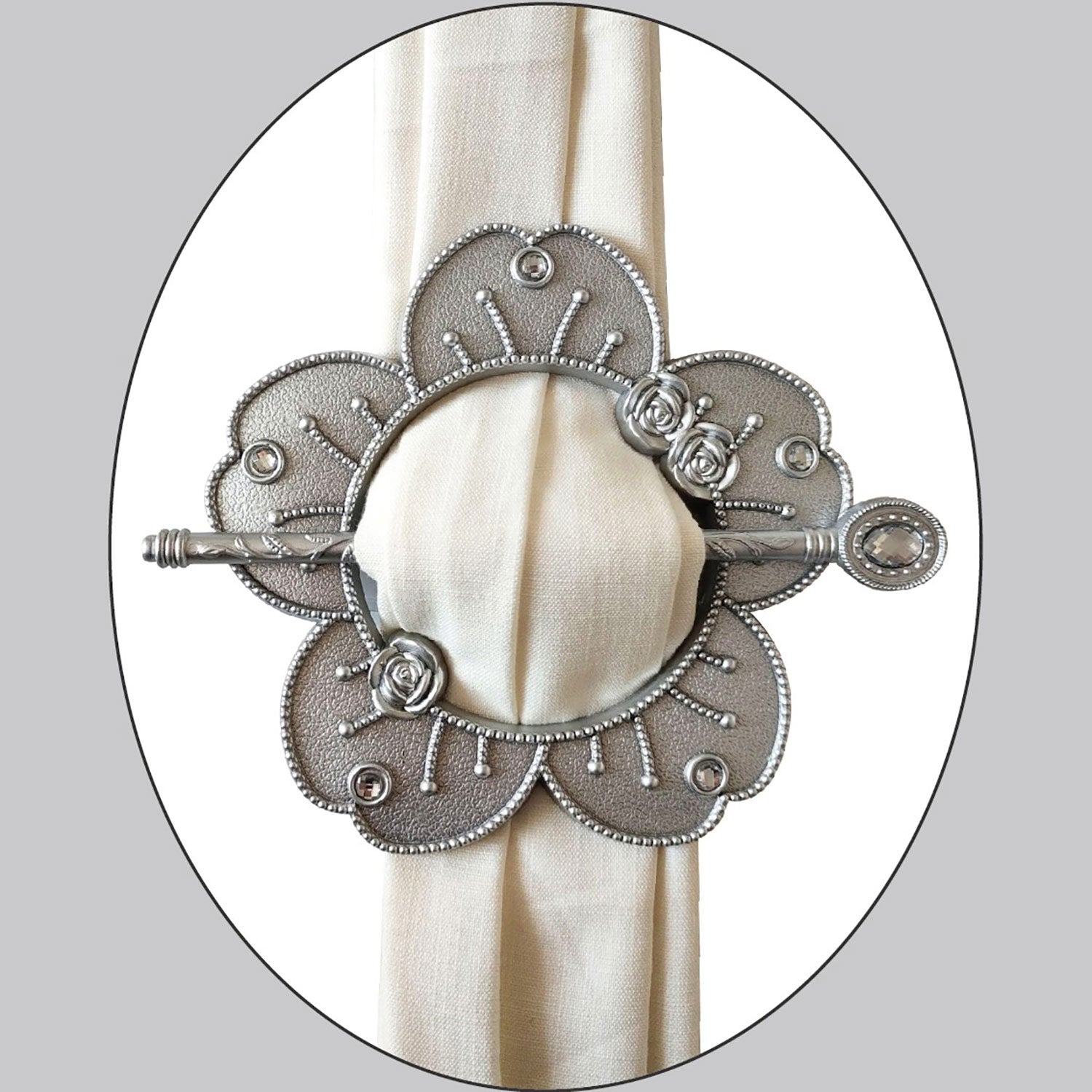 Premius Flower Diamond Decorative One Pair Curtain Tie Back, Silver, 7.5x7.5 Inches