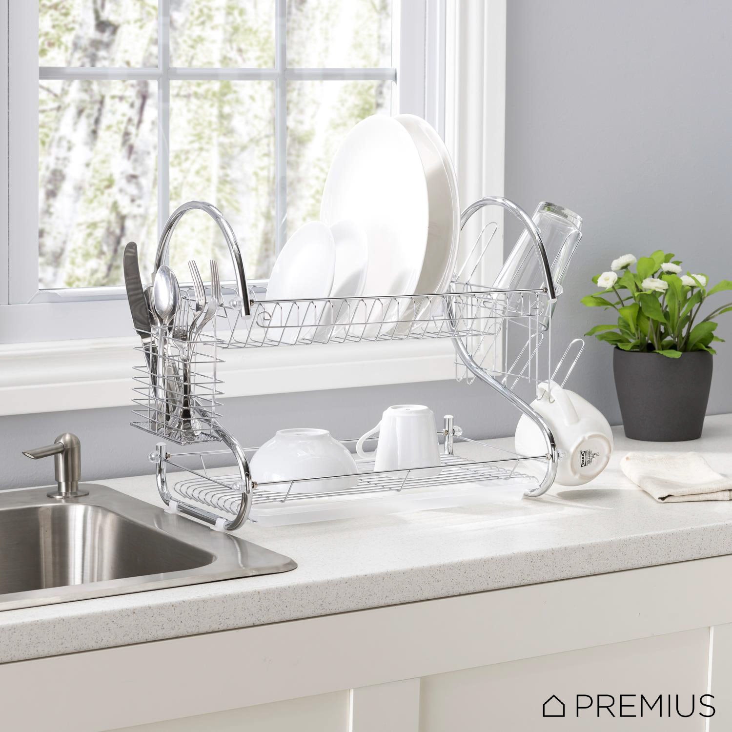 Premius 2-Tier Chrome Finish S-Shape Dish Rack With Removable Drainage Tray and Cutlery Holder, 16x9.75x15 Inches