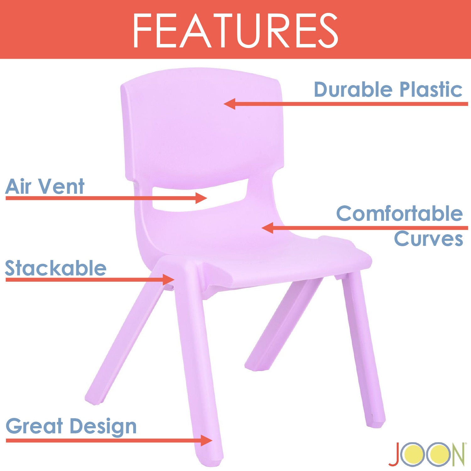 JOON Stackable Plastic Kids Learning Chairs, Lilac, 20.5x12.75X11 Inches, 2-Pack (Pack of 2)