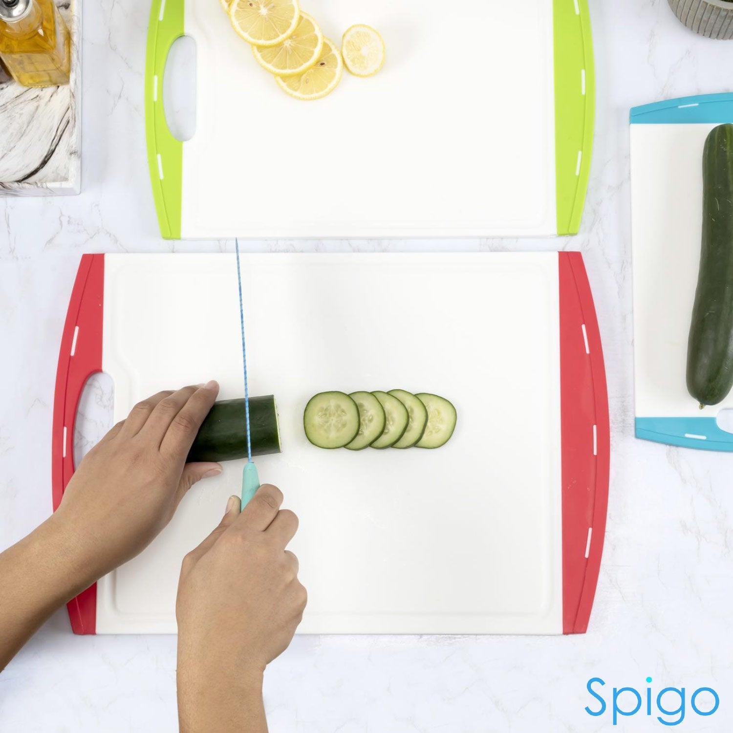 Spigo Non-Slip Cutting Board Set with Juice Groove and Handle, 3 Pieces