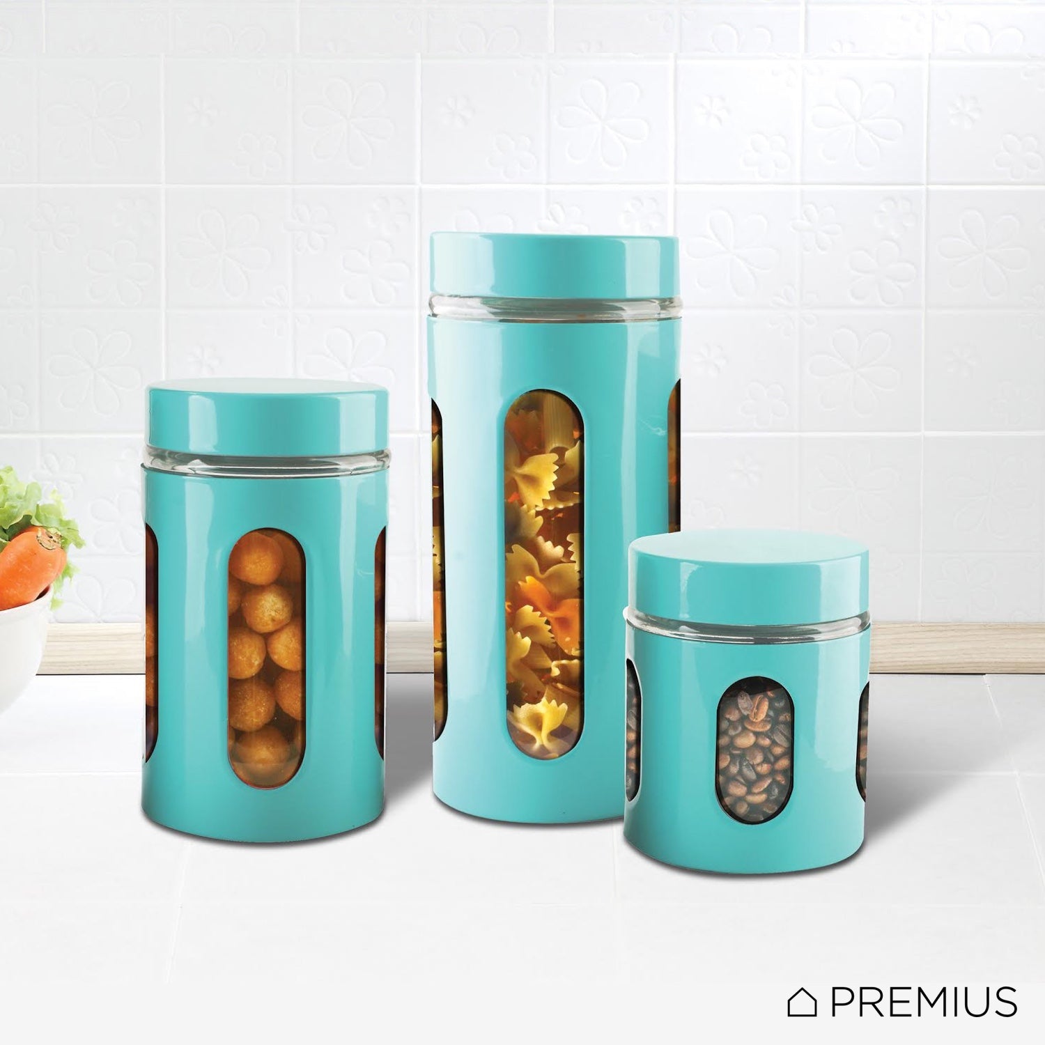 Premius Airtight 3-Piece Kitchen Glass Canister Set, Turquoise Blue