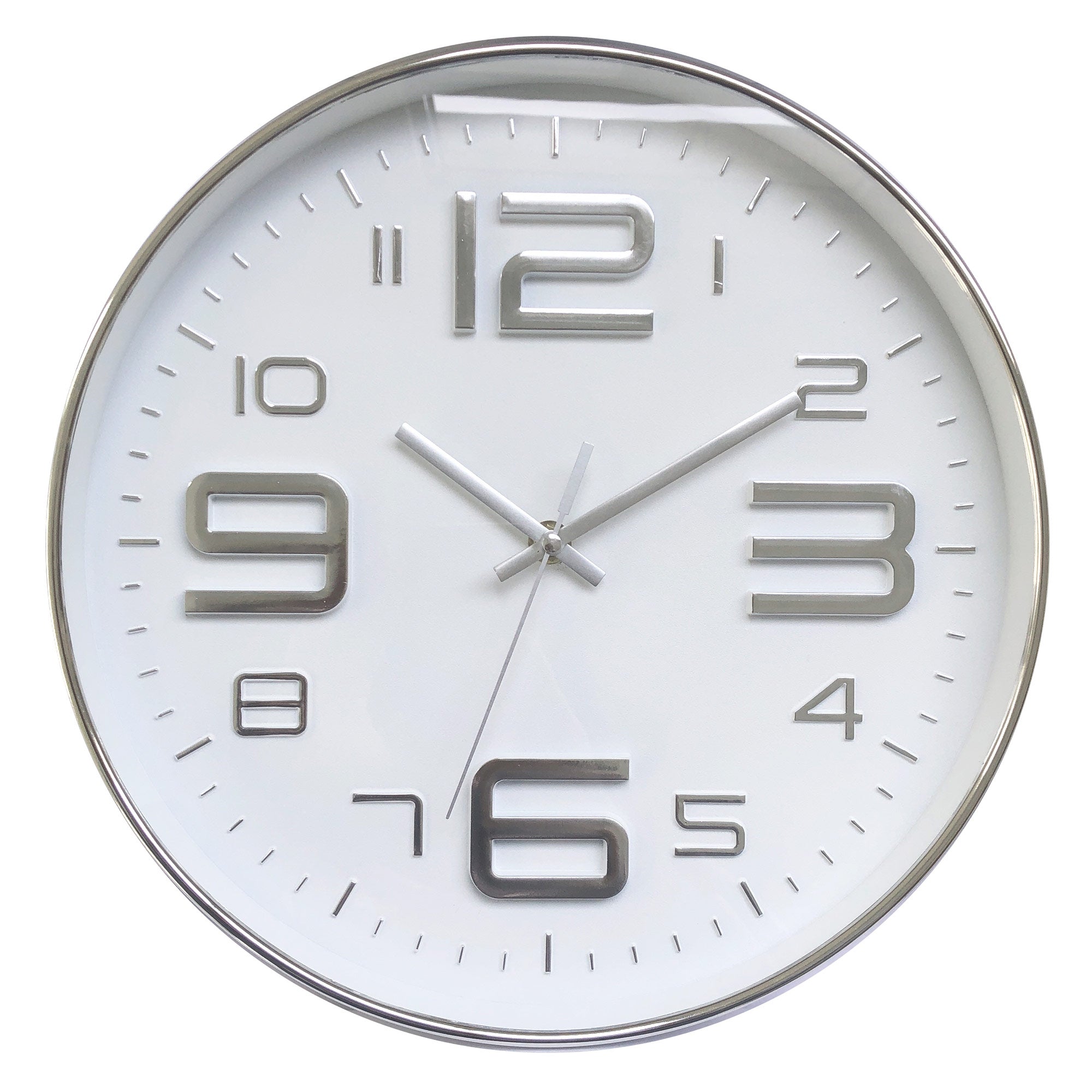 Reloj de pared redondo de líneas limpias minimalistas y números en relieve PREMIUS, plateado, 12 pulgadas