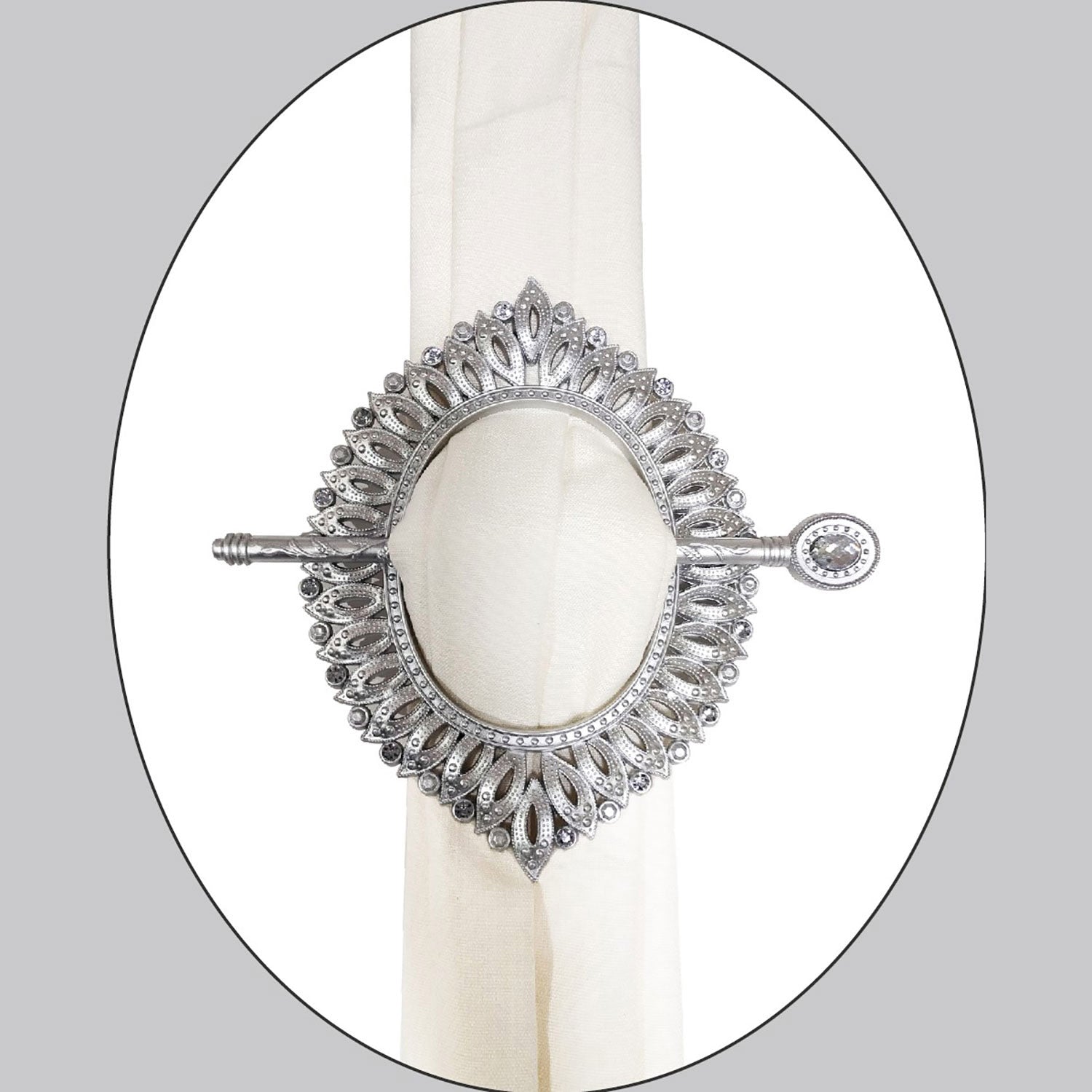 Premius Medallion Oval Decorative One Pair Curtain Tie Back, Silver, 9x6.5 Inches