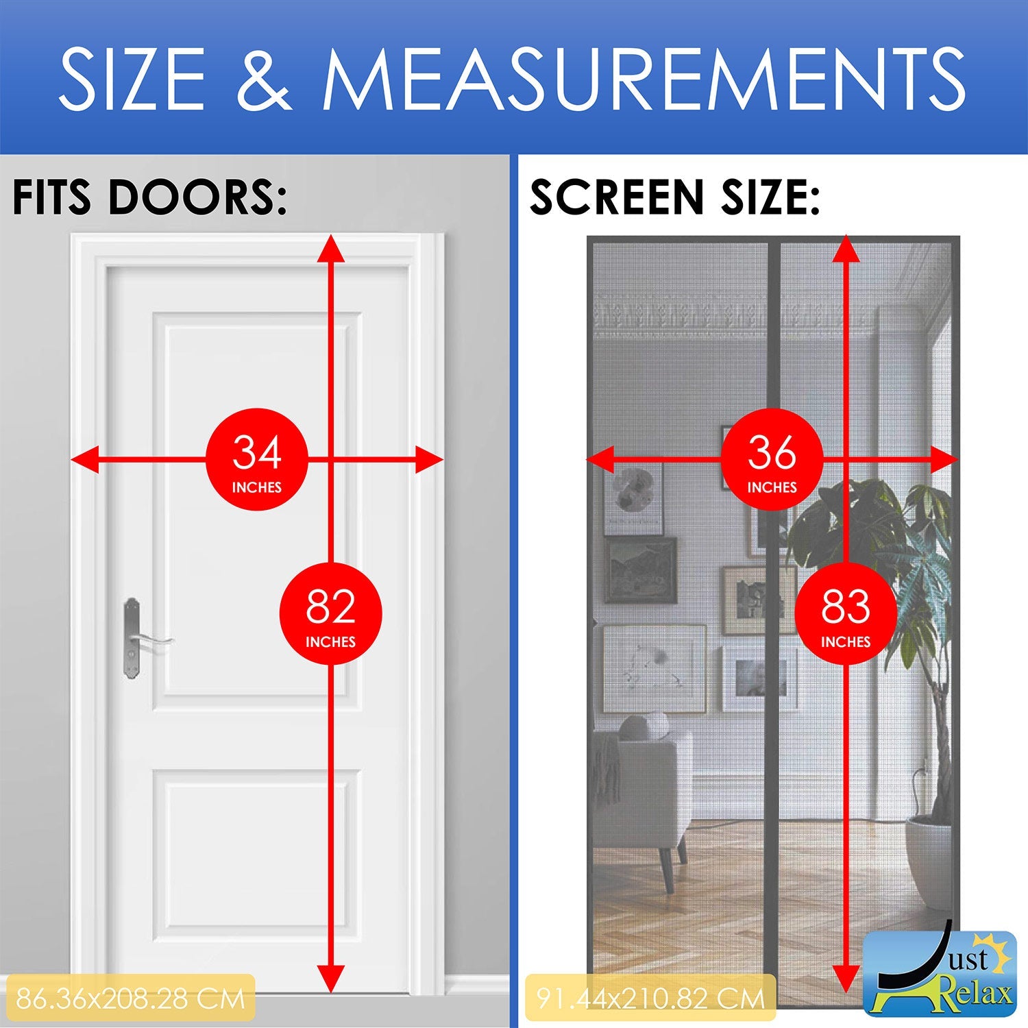 Just Relax Premium Magnetic Fiberglass Mesh Screen Door, Grey, 36x83 Inches