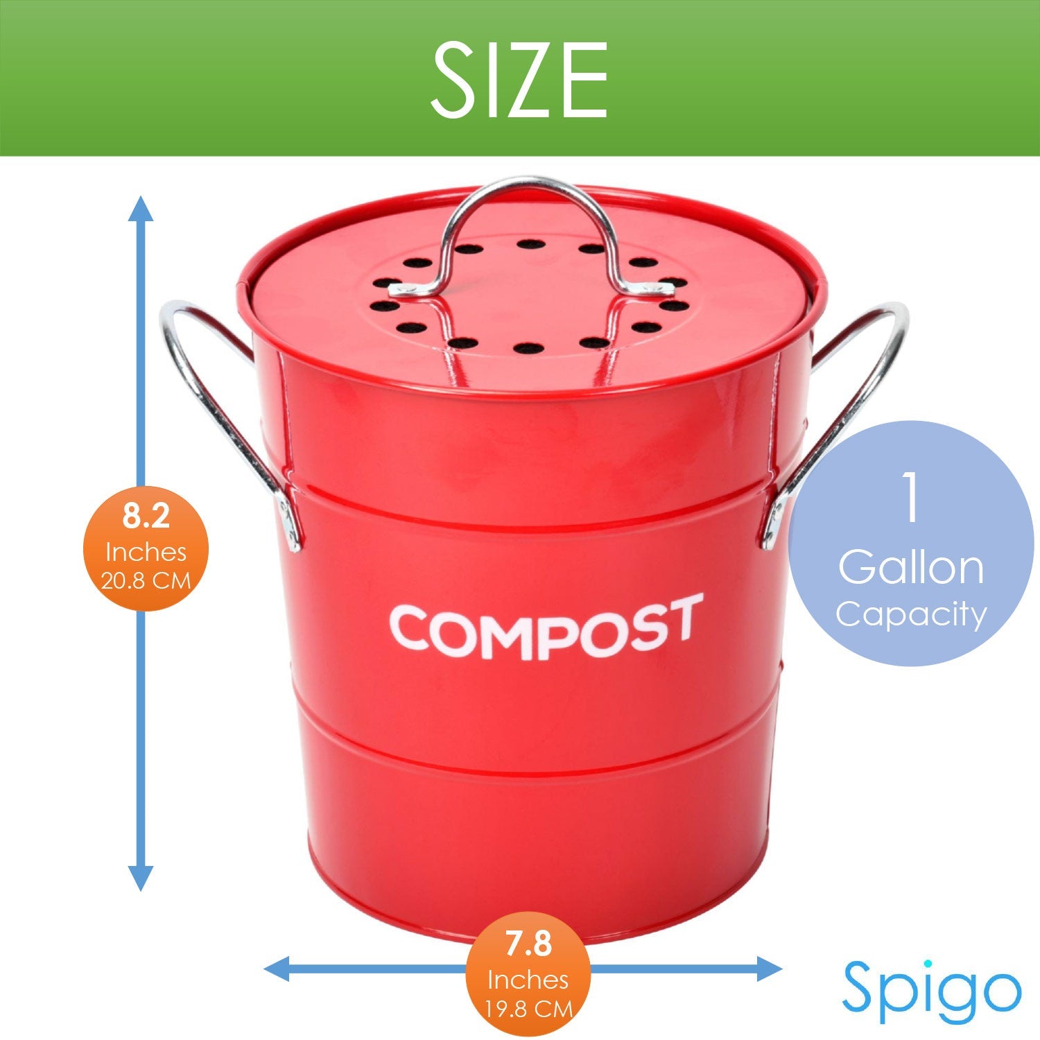 Spigo Steel Kitchen Compost Bin With Vented Charcoal Filter and Bucket, Red, 1 Gallon