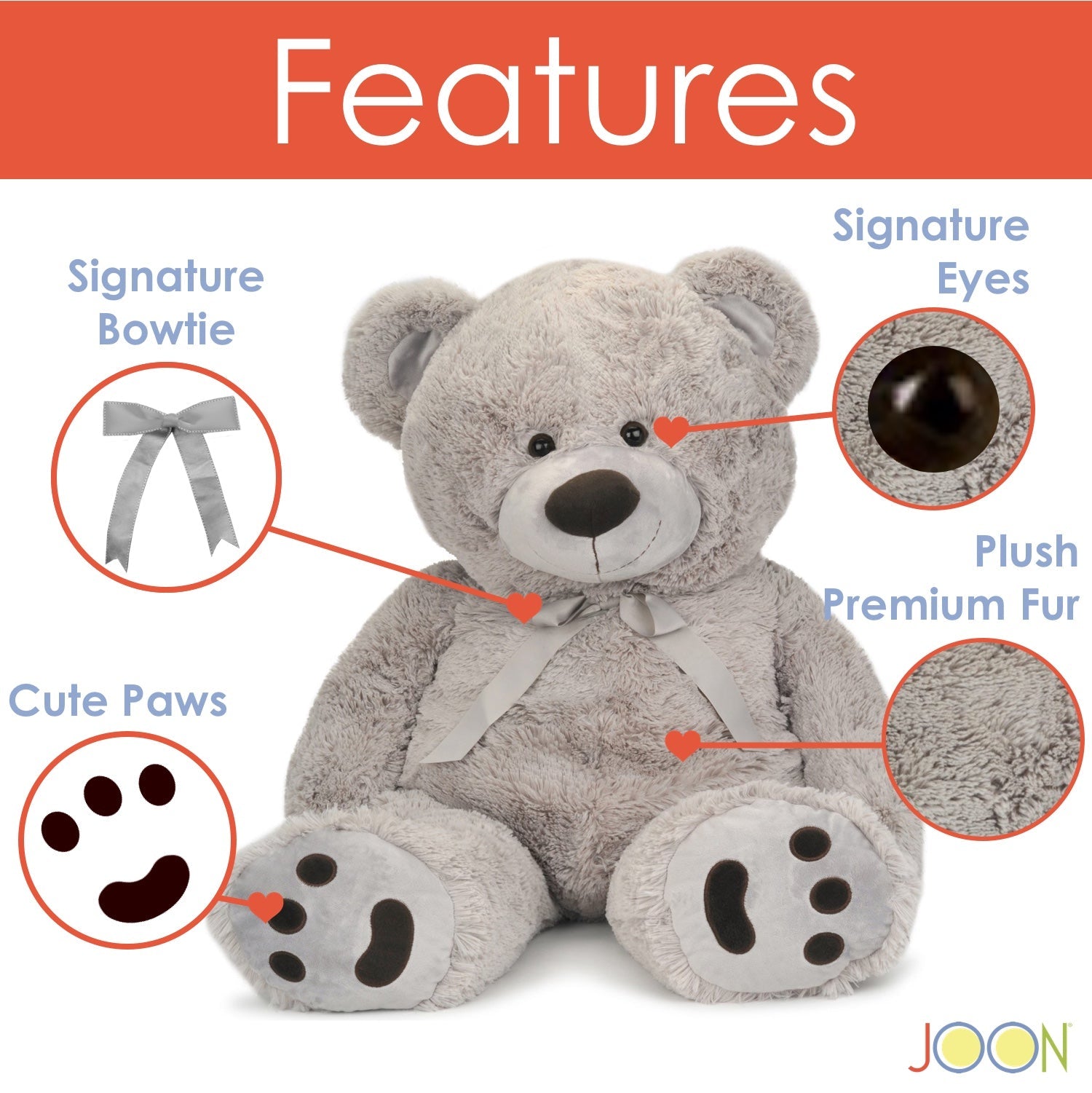 JOON Huge Teddy Bear With Ribbon, Light Gray