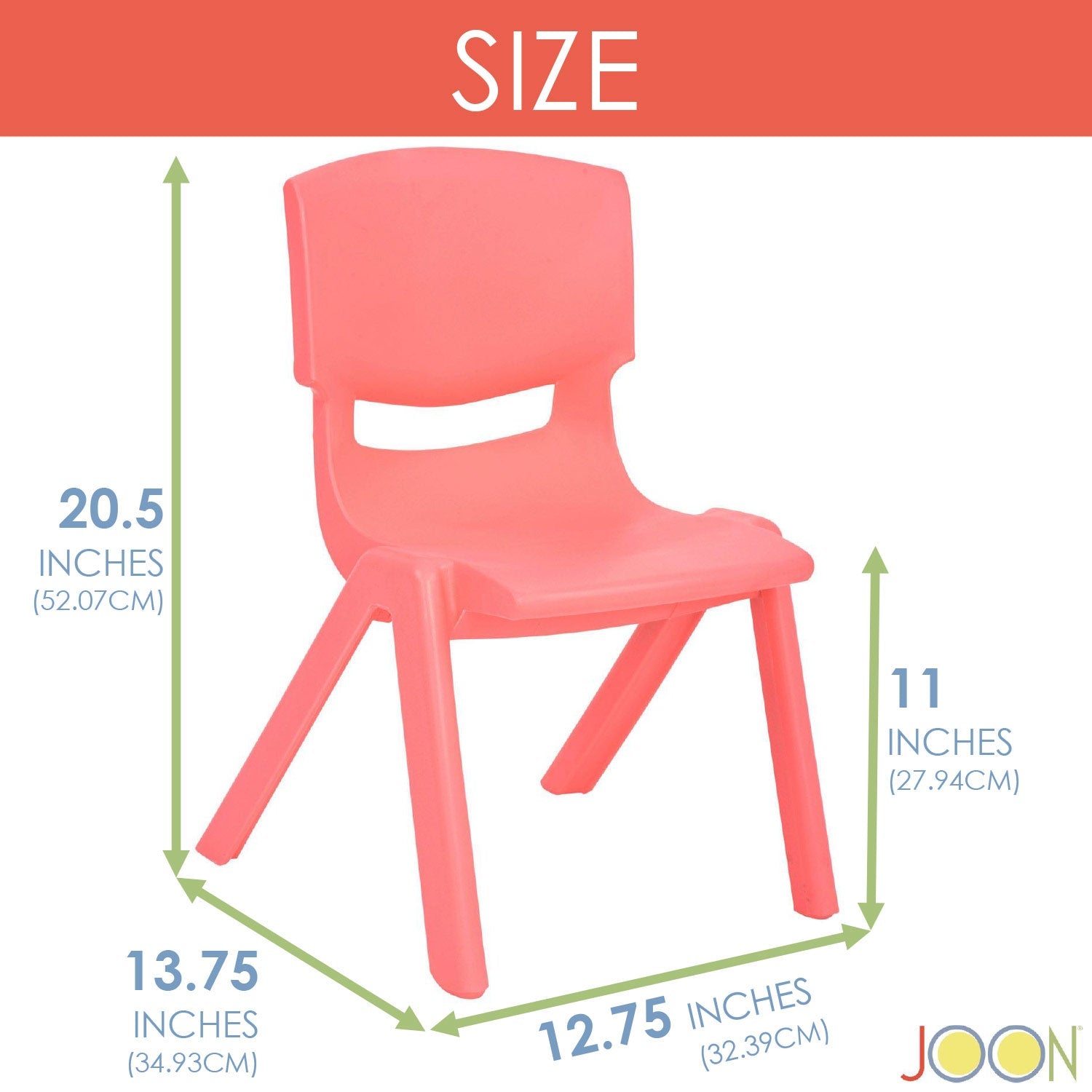 JOON Stackable Plastic Kids Learning Chairs, Coral, 20.5x12.75X11 Inches, 2-Pack (Pack of 2)