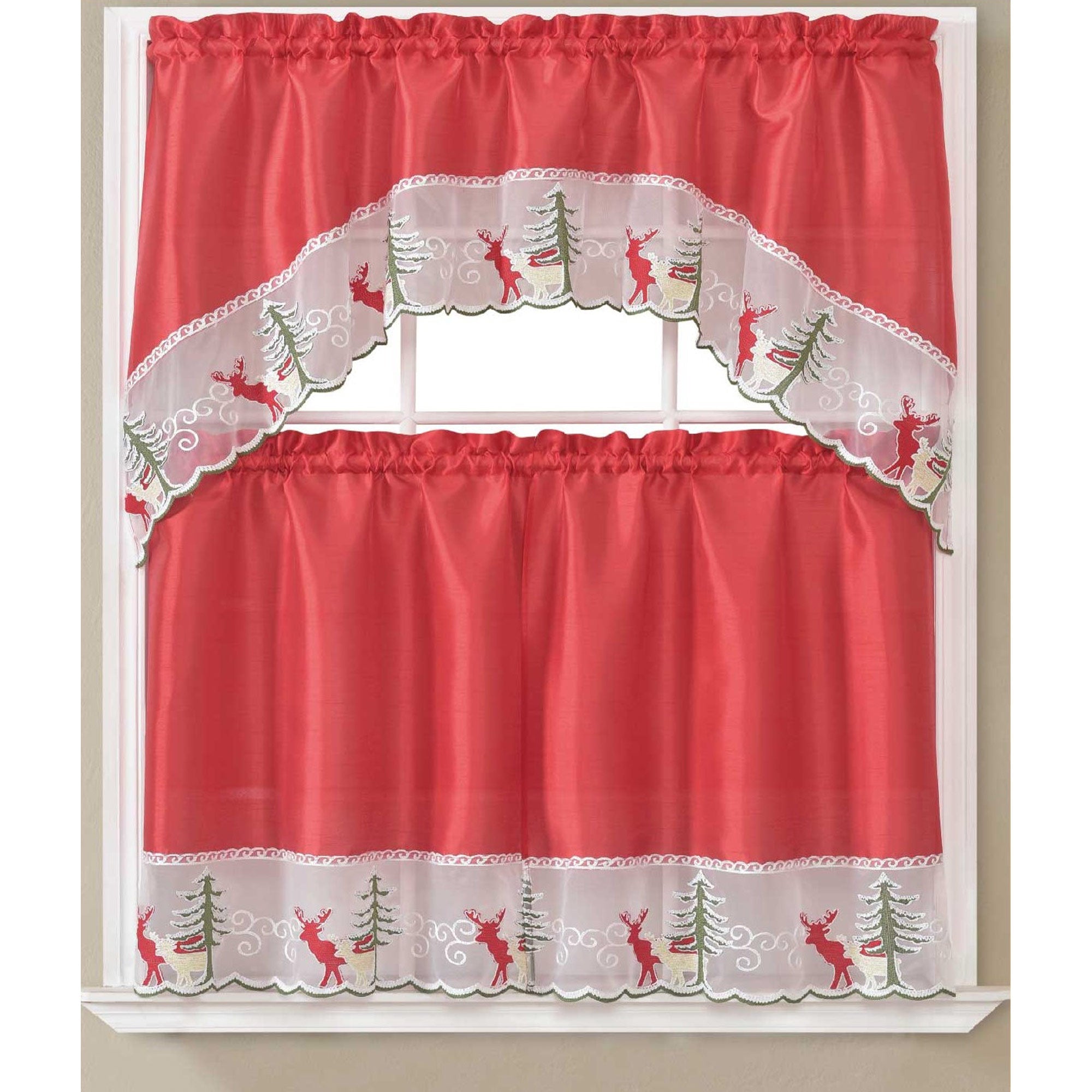 Juego de cortinas para cocina con copos de nieve, renos, acebo y árbol de Navidad, color rojo, cenefa decorativa de 60 x 36 pulgadas, niveles de 30 x 36 pulgadas