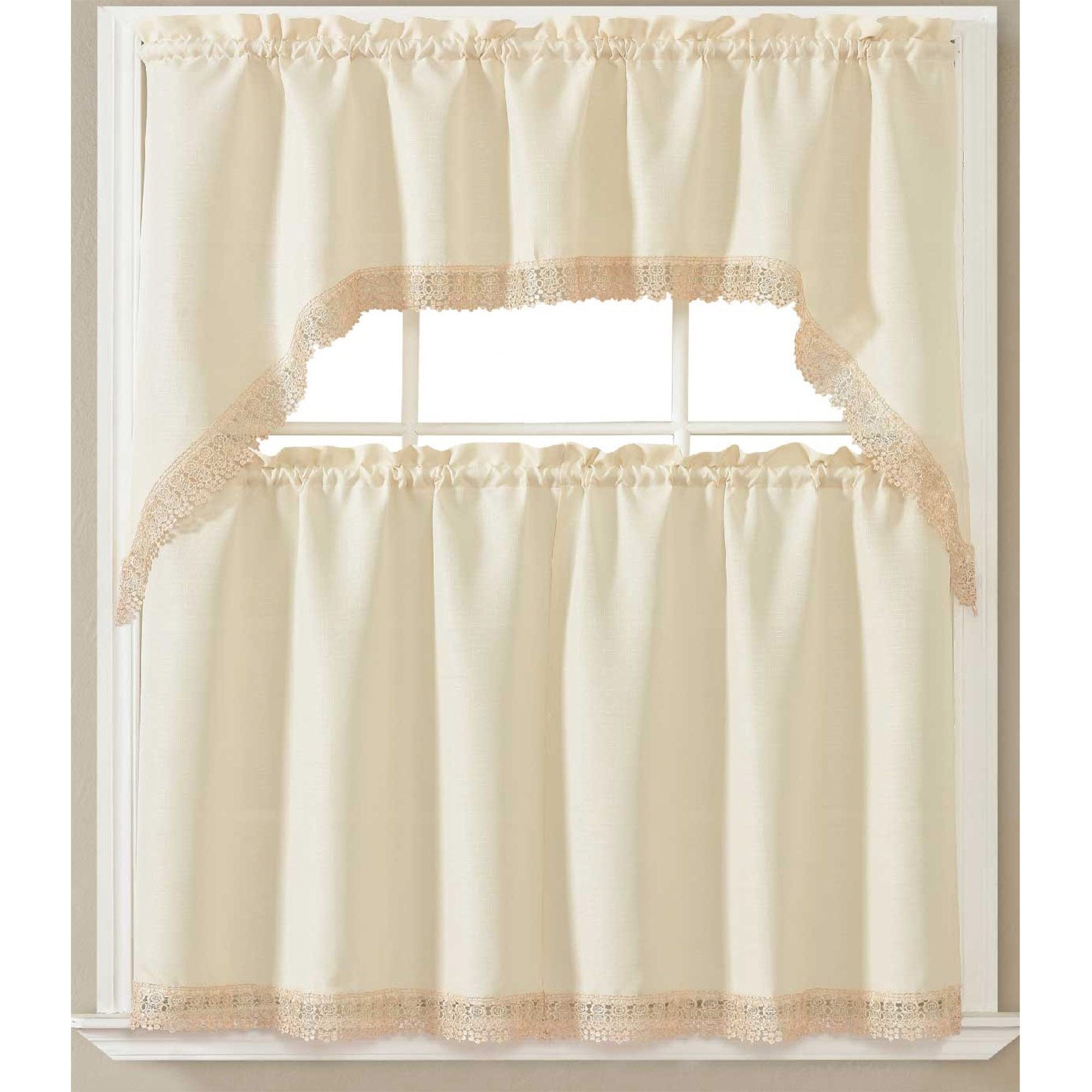 Maggie Kitchen Curtain Set with Macrame Fringes, Swag Valance 60x36, Tiers 30x36 Inches