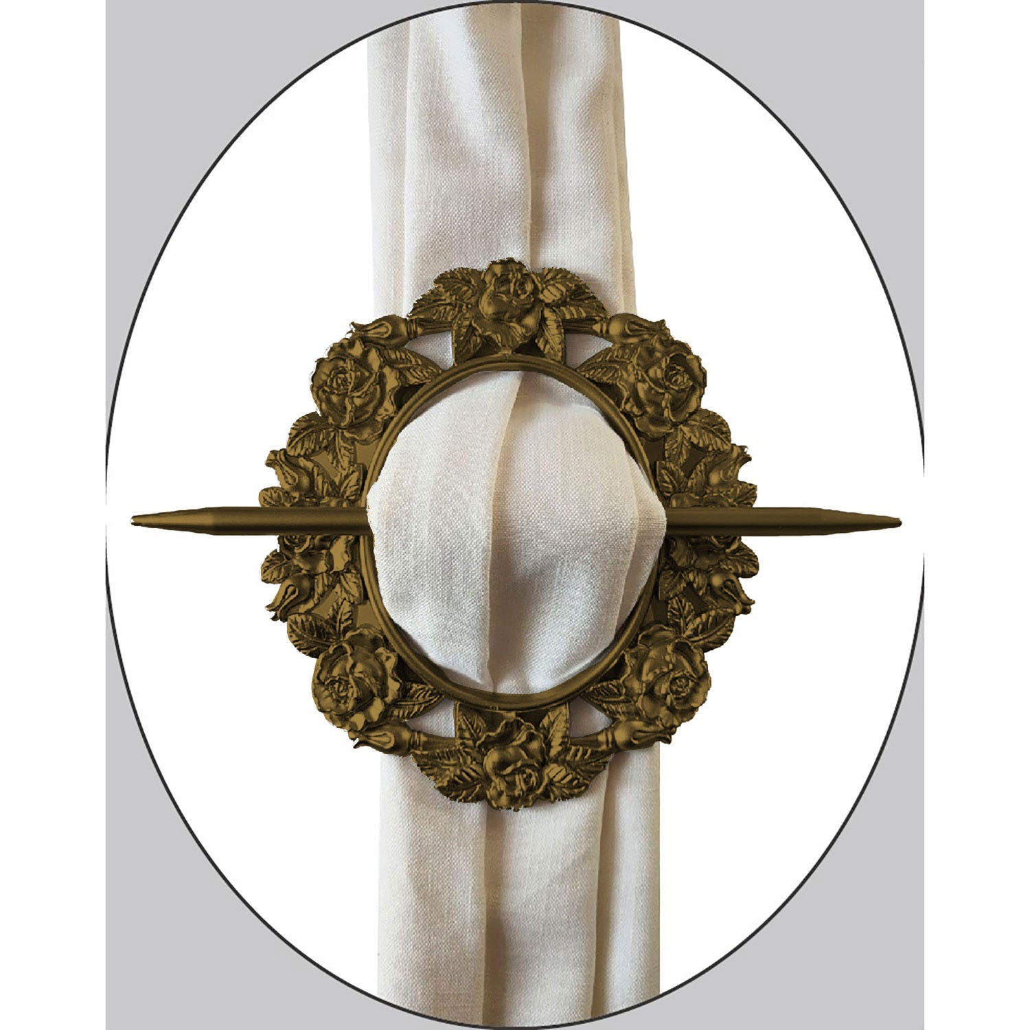 Premius Rose Oval Decorative One Pair Of Curtain Tie Back, Antique, 7x8 Inches