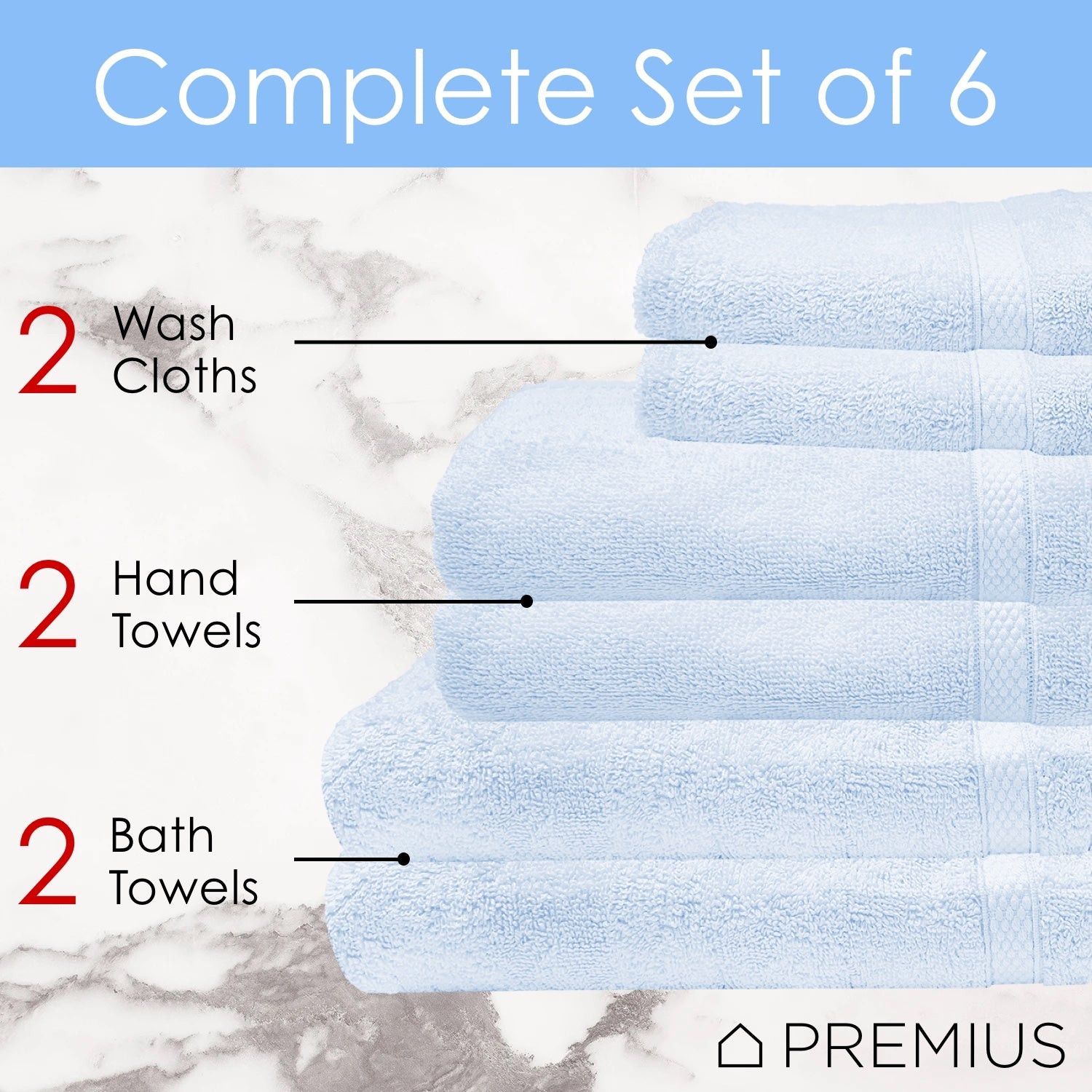 Premius Premium 6-Piece Combed Cotton Bath Towel Set, Sky Blue