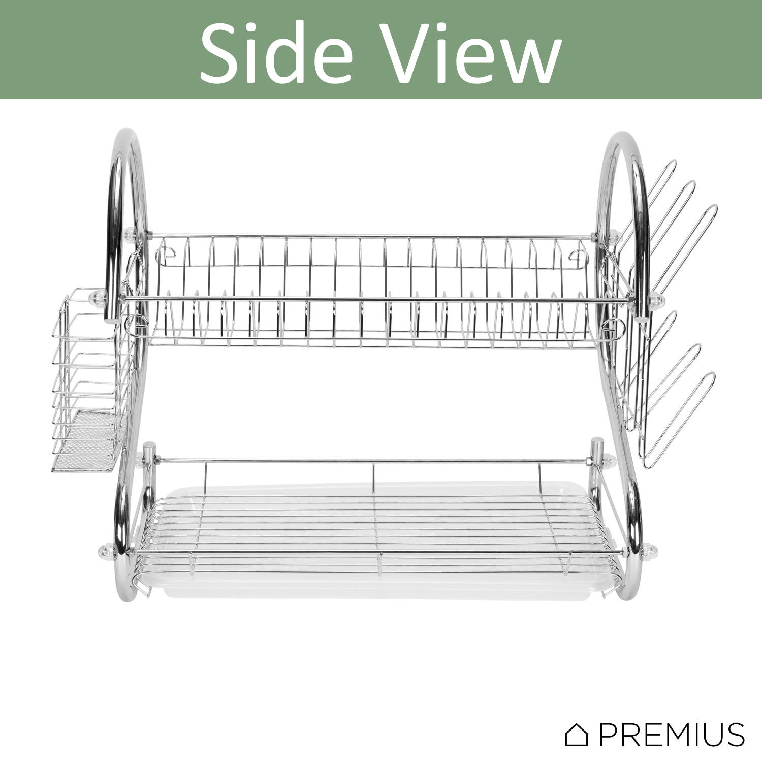 Premius 2-Tier Chrome Finish S-Shape Dish Rack With Removable Drainage Tray and Cutlery Holder, 16x9.75x15 Inches