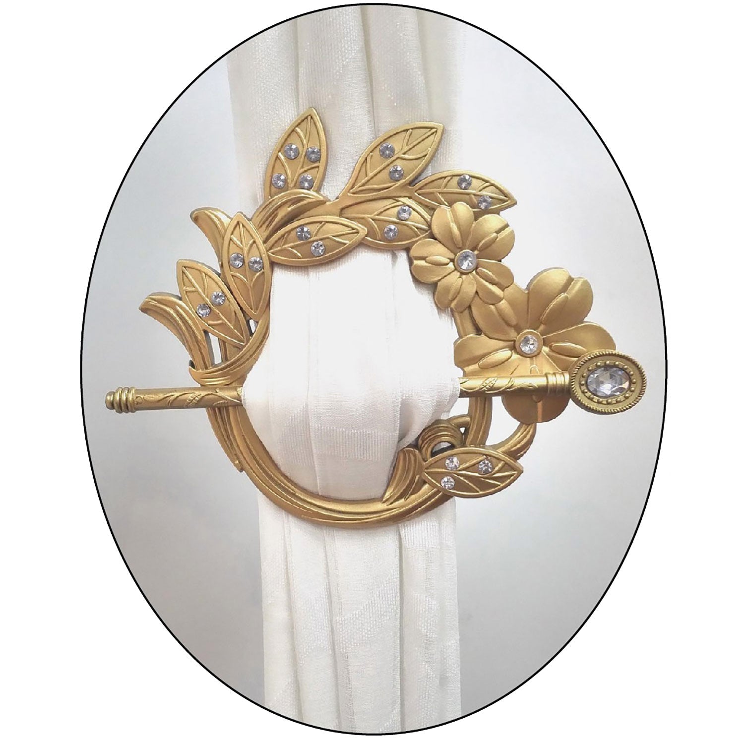 Premius Flower And Leaf With Diamond Decorative One Pair Curtain Tie Back, Gold, 8x7 Inches