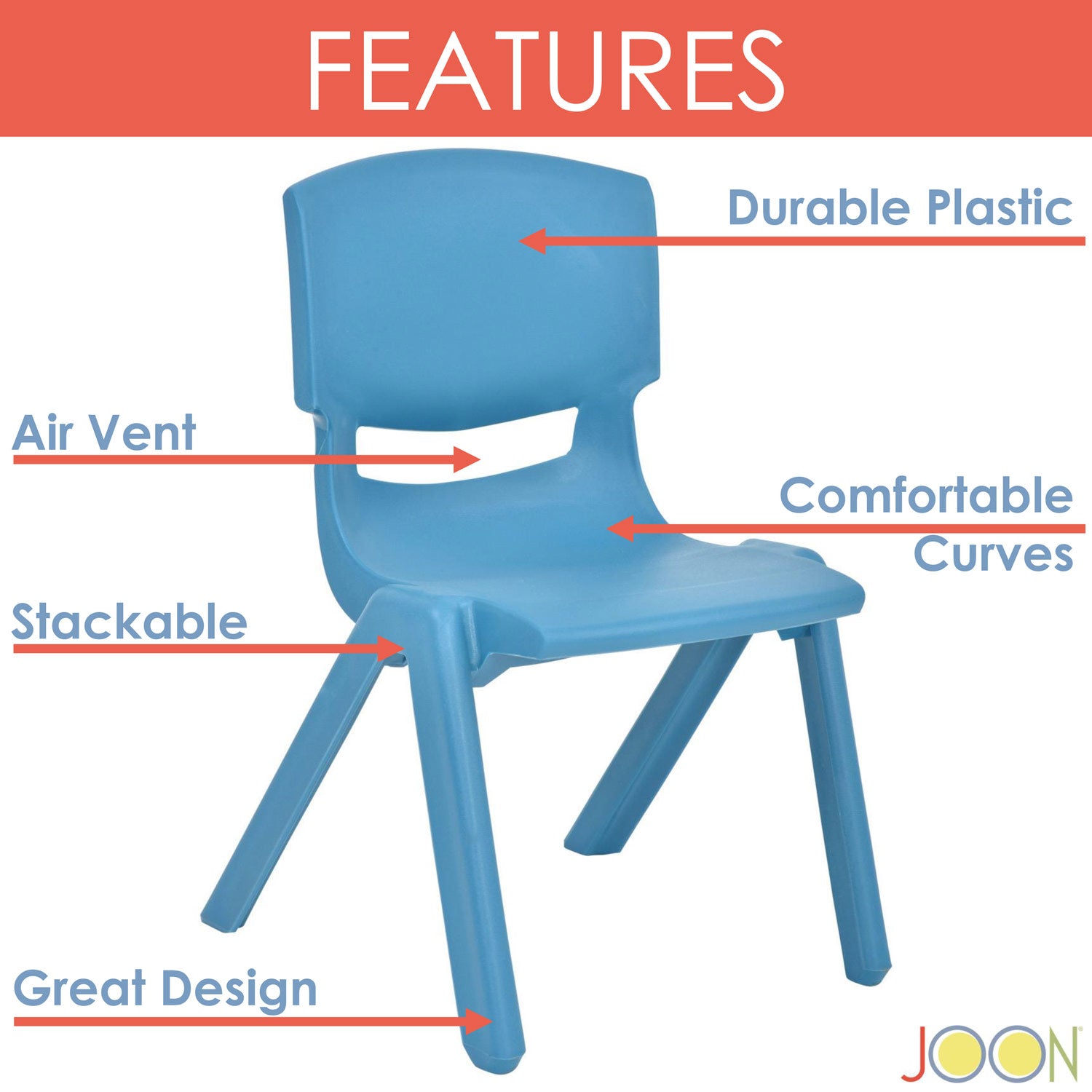 JOON Stackable Plastic Kids Learning Chairs, Sky Blue, 20.5x12.75X11 Inches, 2-Pack (Pack of 2)