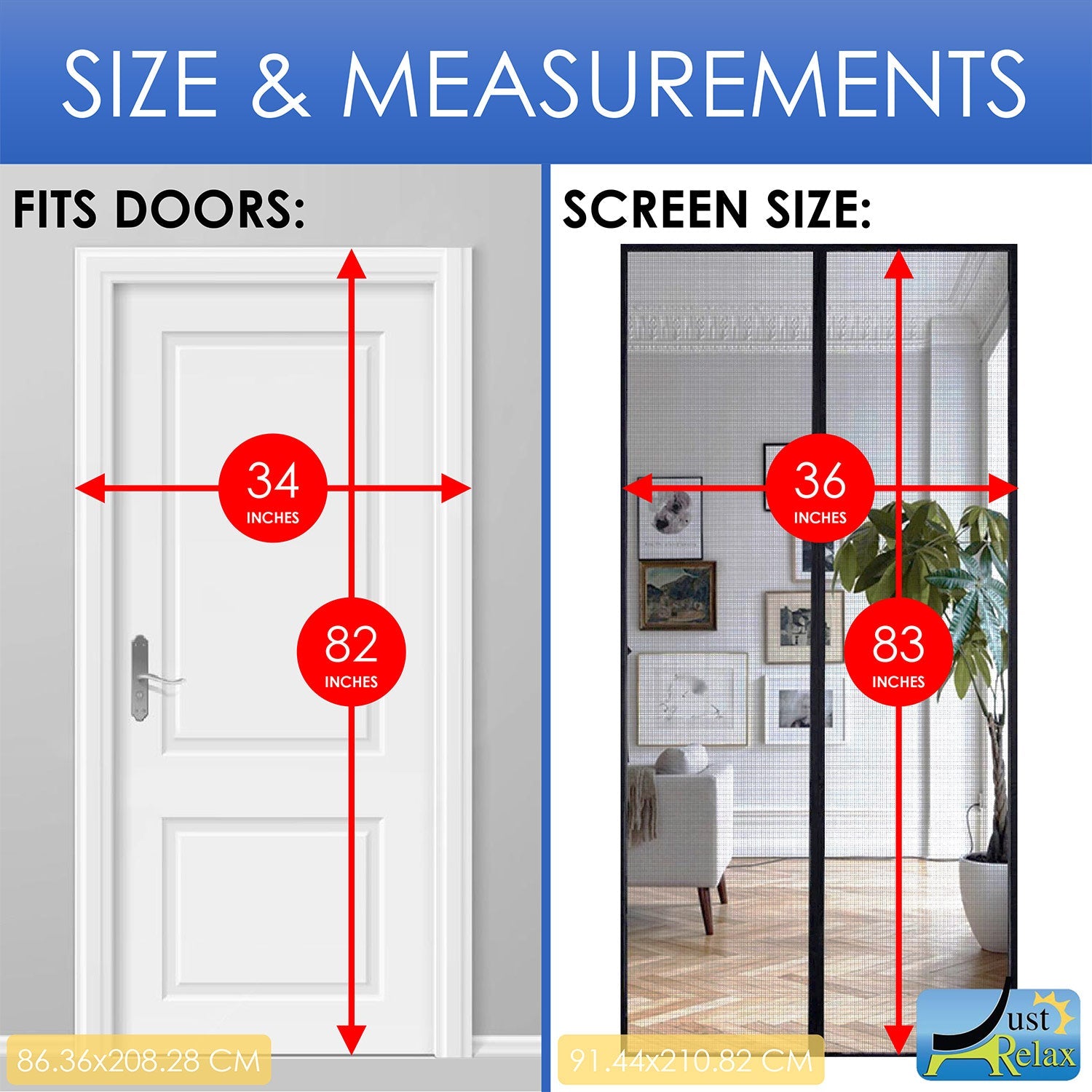 Just Relax Premium Magnetic Fiberglass Mesh Screen Door, Black, 36x83 Inches