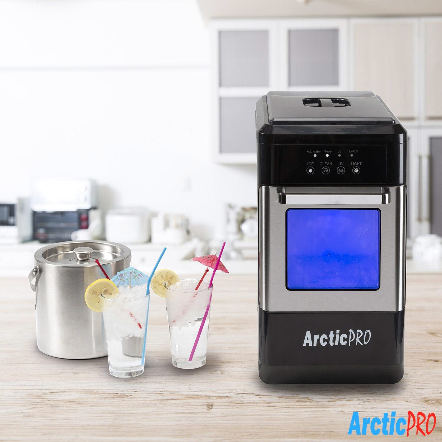 Máquina para fabricar hielo portátil Arctic-Pro Ice Pellet con luz ultravioleta y cajón para hielo, acero inoxidable negro