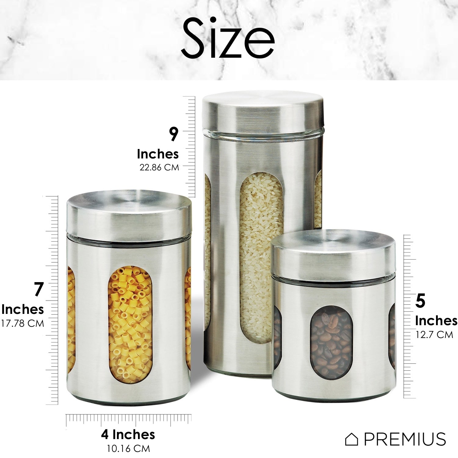 Premius Airtight 3-Piece Kitchen Glass Canister Set, Stainless Steel Silver