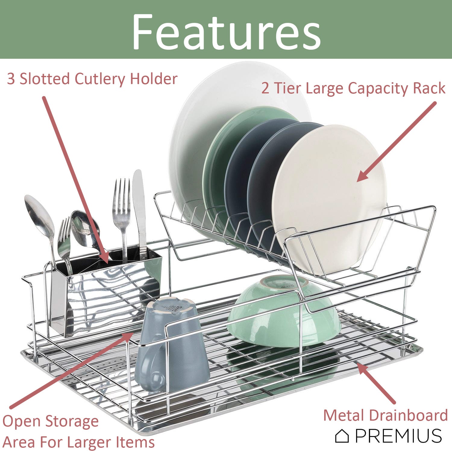 Premius 2 Tier Chrome Finished Dish Rack, Silver, 18.5x13x9 Inches