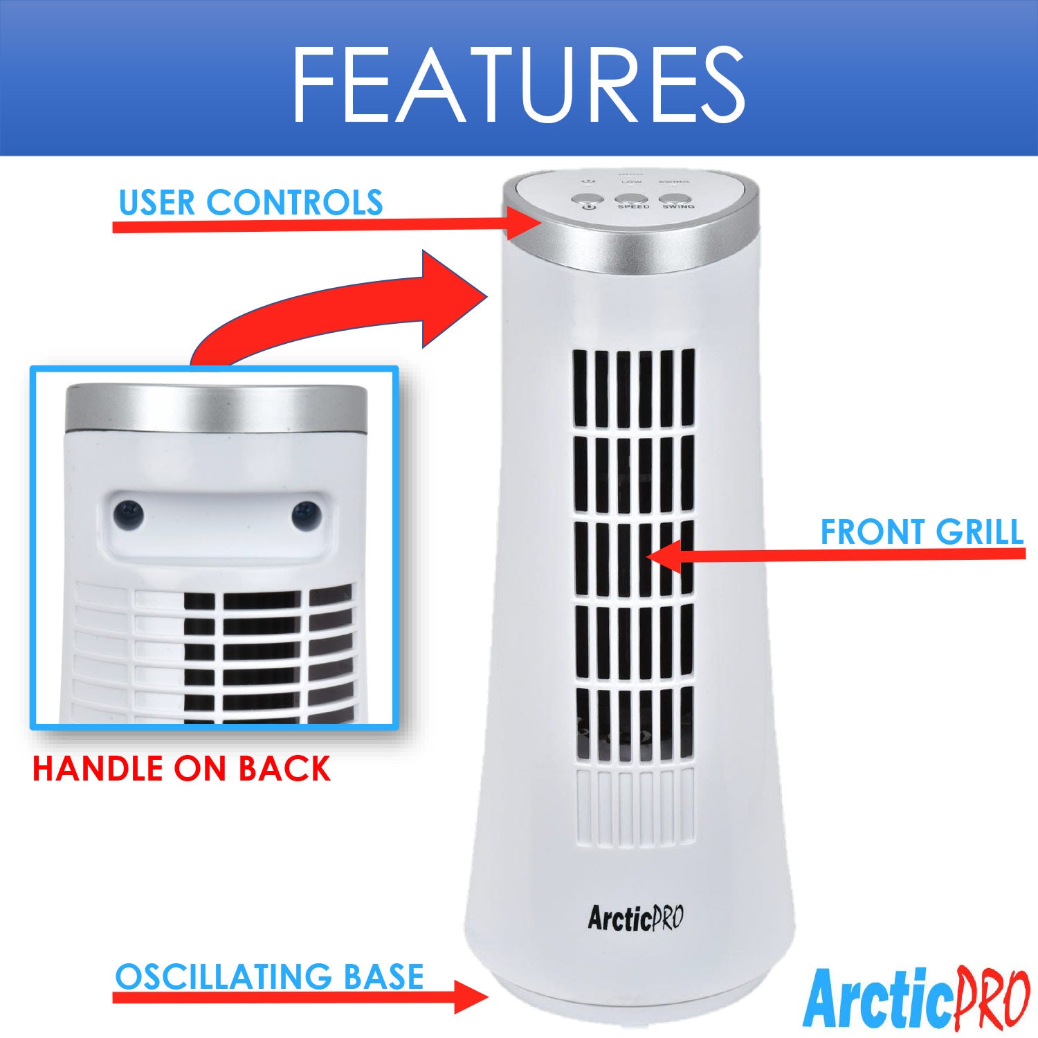 Arctic-Pro Desktop Oscillating Slim Mini Tower Fan, White, 12 Inches