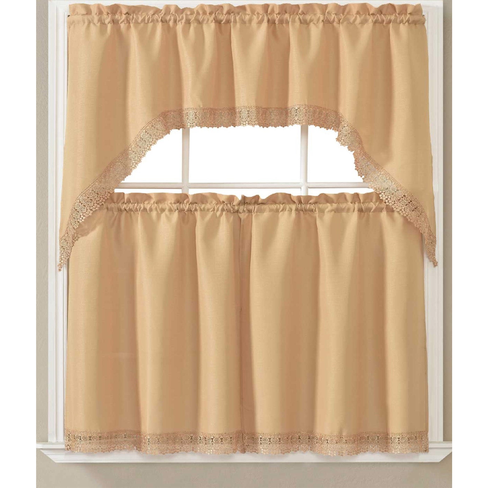 Maggie Kitchen Curtain Set with Macrame Fringes, Swag Valance 60x36, Tiers 30x36 Inches