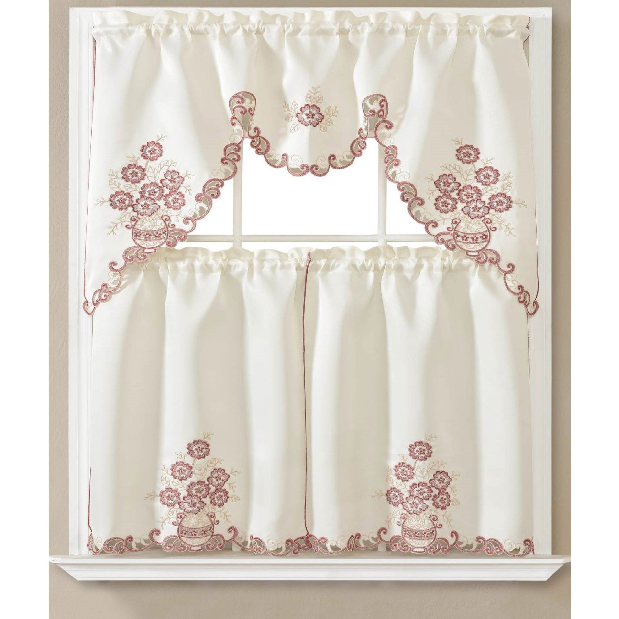 Lucy 3 Piece Embroidered Kitchen Curtain Set, Beige-Burgundy, Swag 60x36, Tiers 30x36 Inches