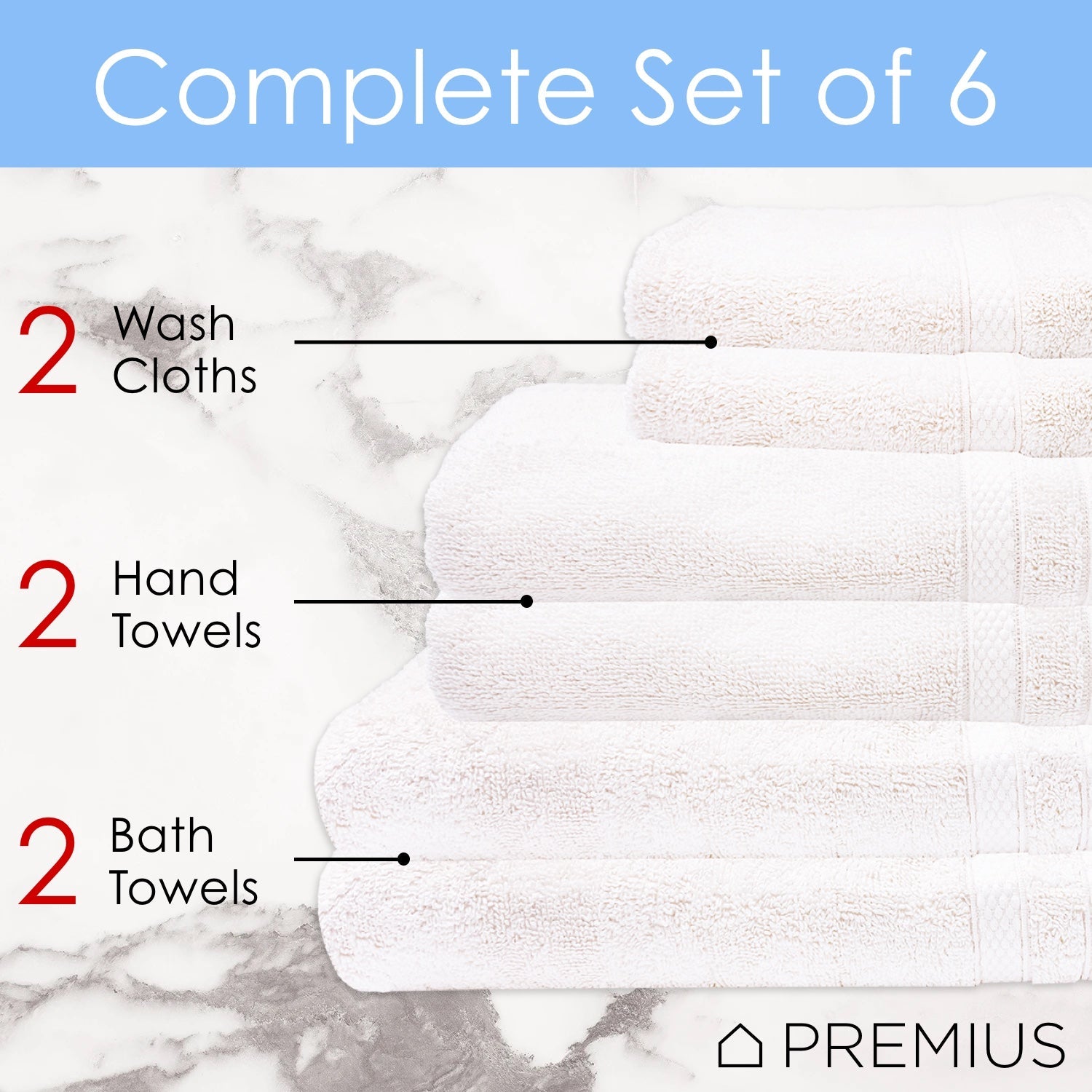 Premius Premium 6-Piece Combed Cotton Bath Towel Set, White