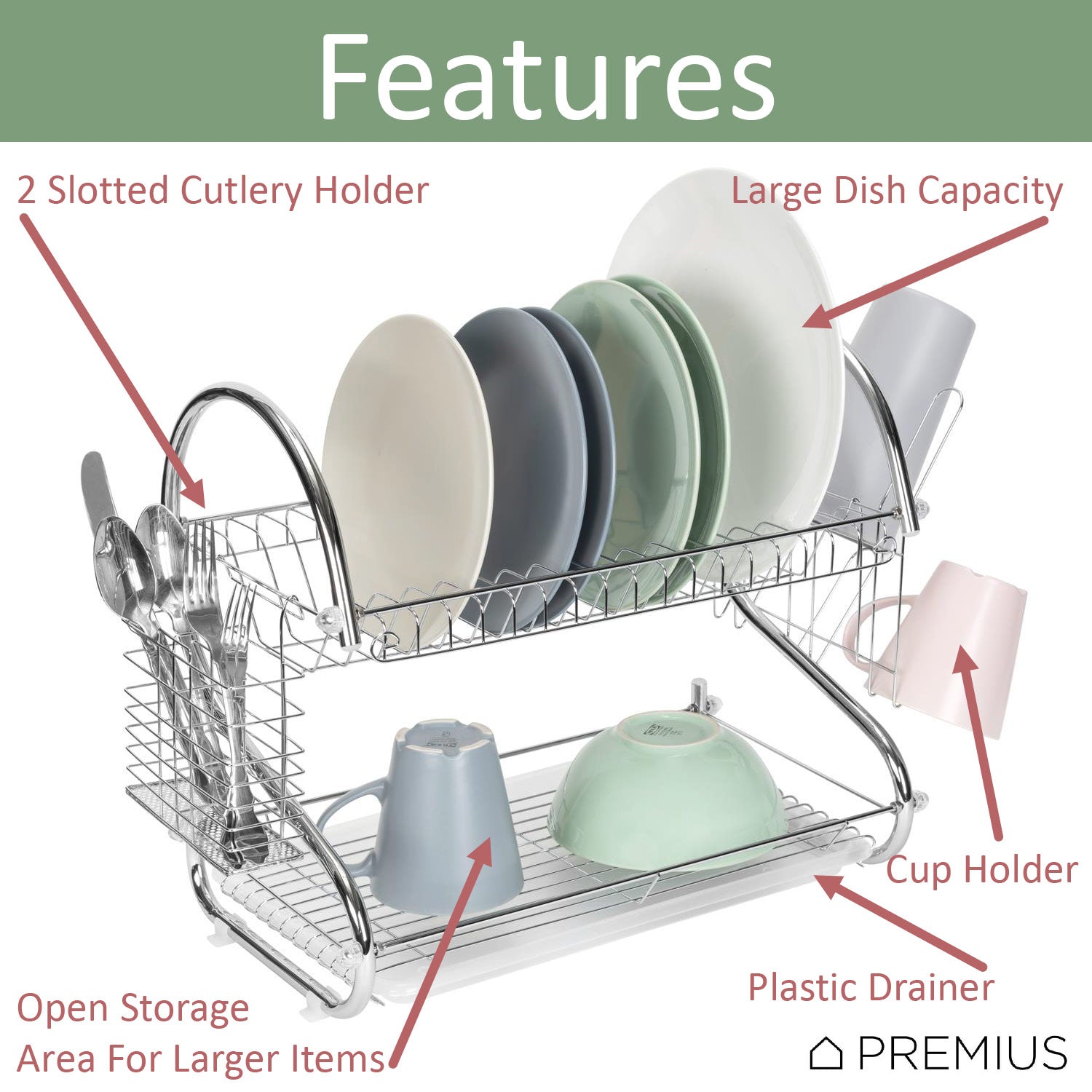 Premius 2-Tier Chrome Finish S-Shape Dish Rack With Removable Drainage Tray and Cutlery Holder, 16x9.75x15 Inches