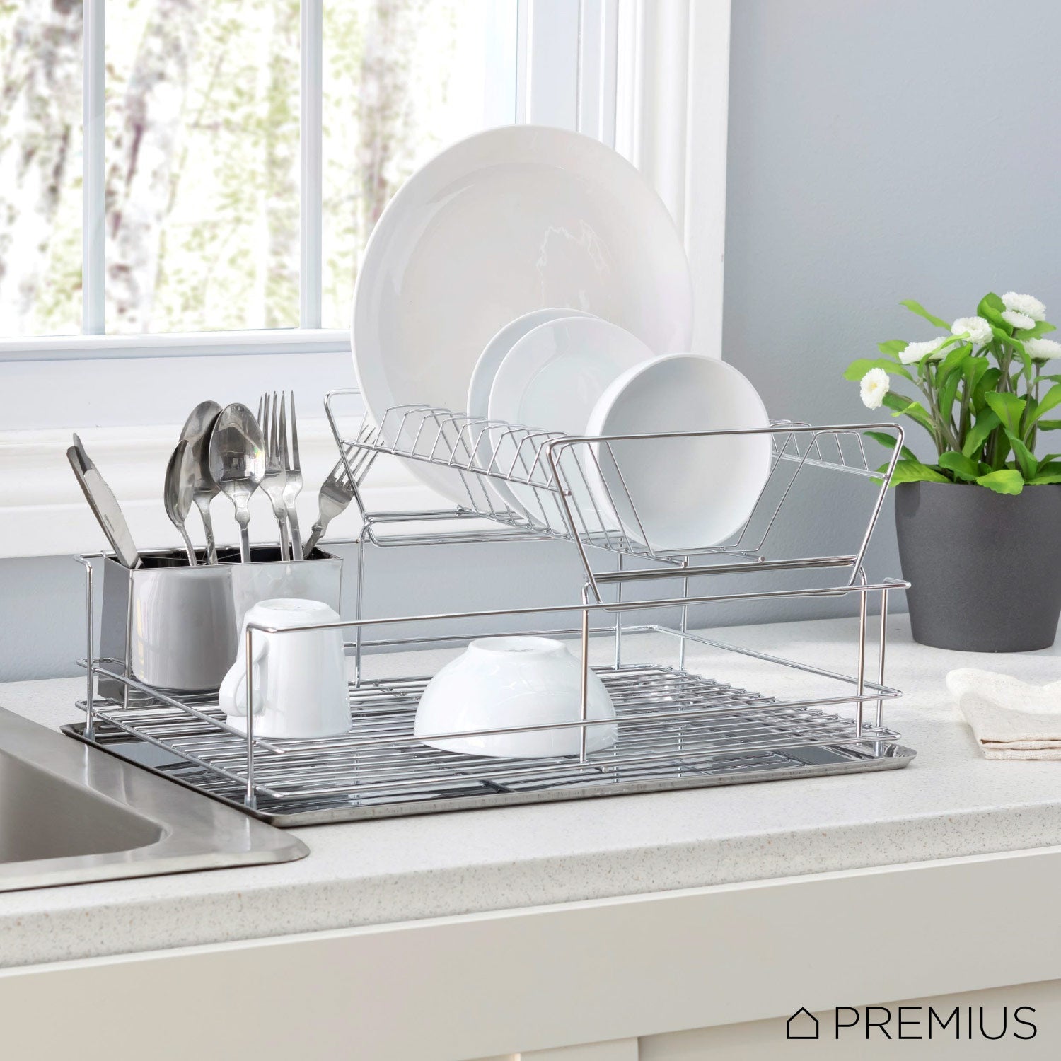 Premius 2 Tier Chrome Finished Dish Rack, Silver, 18.5x13x9 Inches