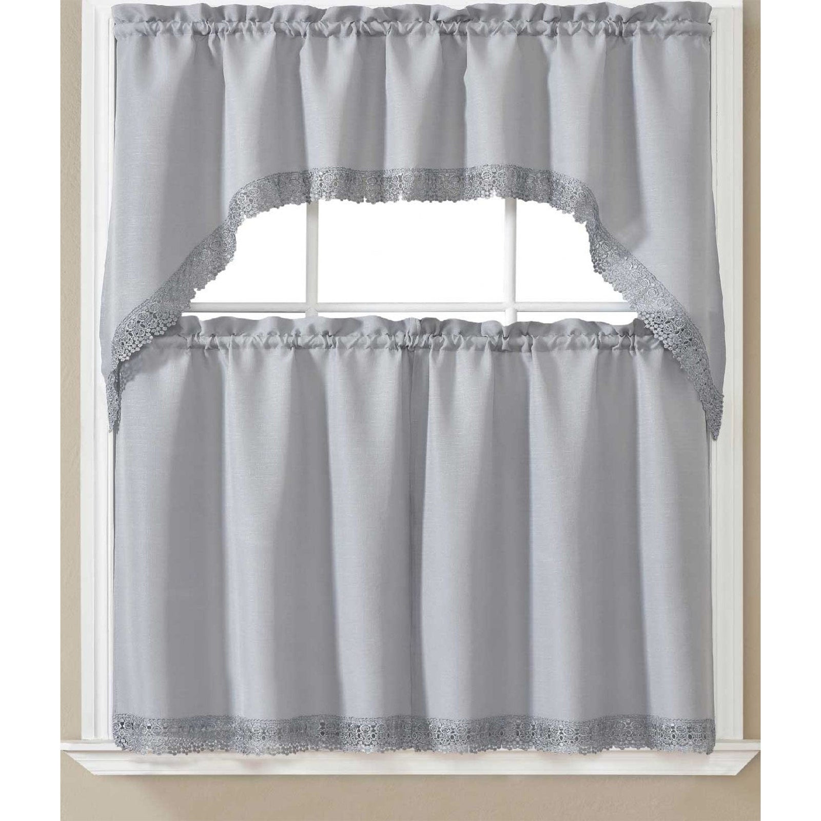 Maggie Kitchen Curtain Set with Macrame Fringes, Swag Valance 60x36, Tiers 30x36 Inches