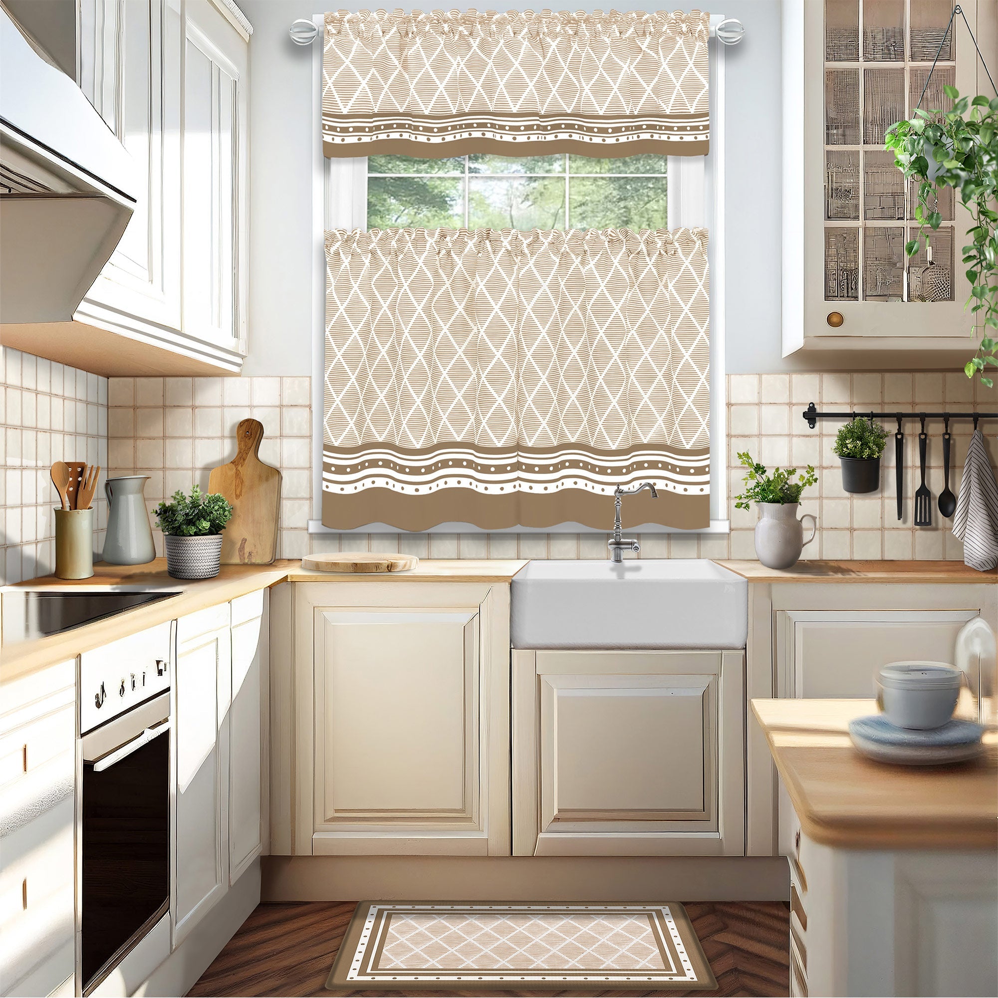 Achim Boho Printed Kitchen Curtain Set, Mocha, Valance 58x13, Tiers 58x36 Inches