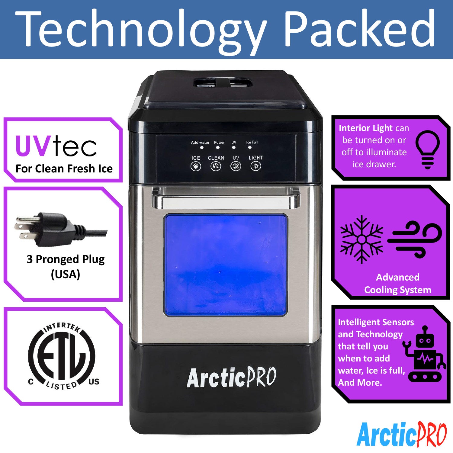 Máquina para fabricar hielo portátil Arctic-Pro Ice Pellet con luz ultravioleta y cajón para hielo, acero inoxidable negro