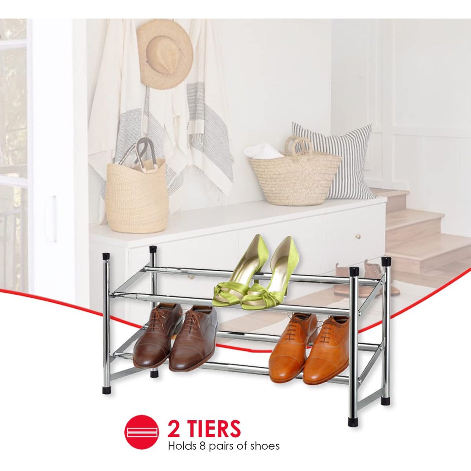 Home Basics 2-Tier Expandable Shoe Rack, Chrome, 24x9x4 Inches