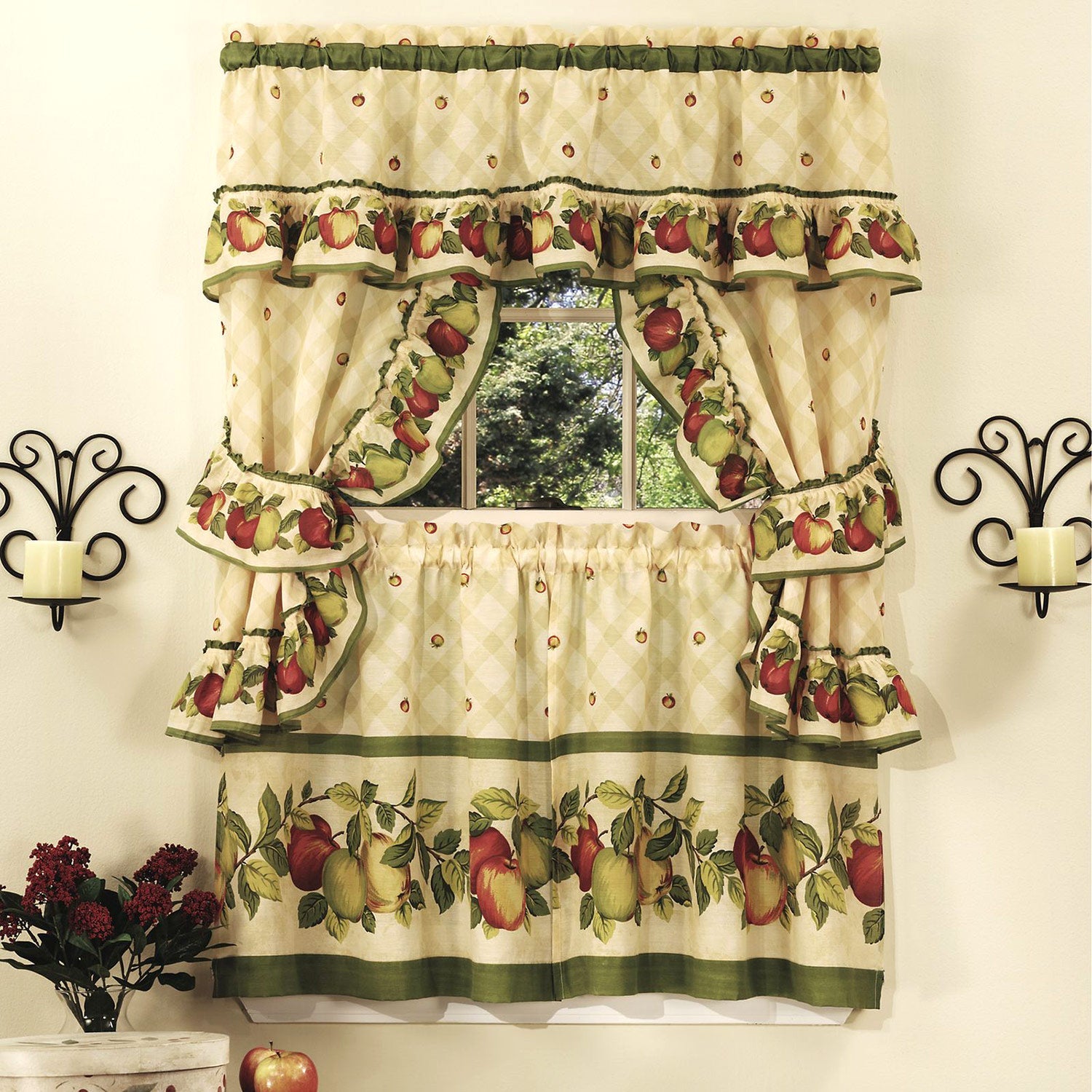 Juego de cortinas de cocina con estampado de huerto de manzanas, 57 x 36 pulgadas