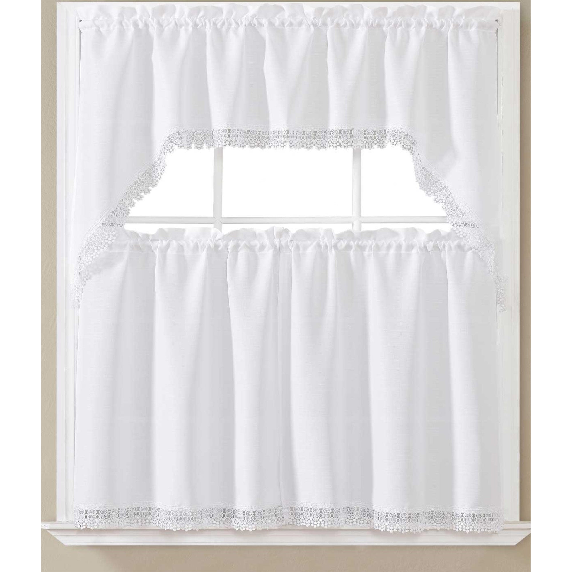 Maggie Kitchen Curtain Set with Macrame Fringes, Swag Valance 60x36, Tiers 30x36 Inches