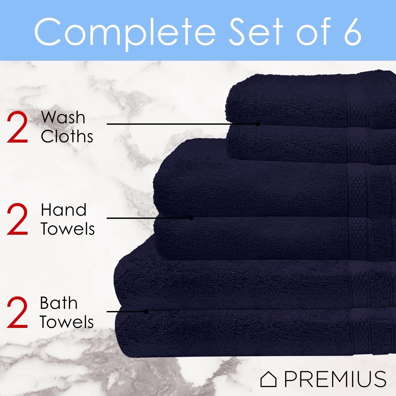 Premius Premium 6-Piece Combed Cotton Bath Towel Set, Navy