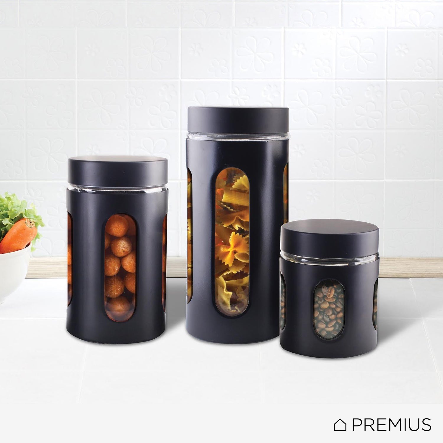 Premius Airtight 3-Piece Kitchen Glass Canister Set, Matte Black