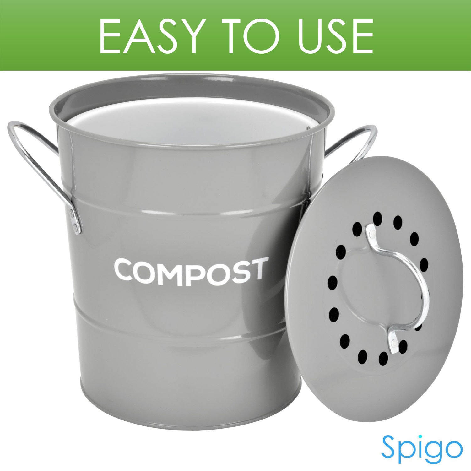 Spigo Steel Kitchen Compost Bin With Vented Charcoal Filter and Bucket, Grey, 1 Gallon