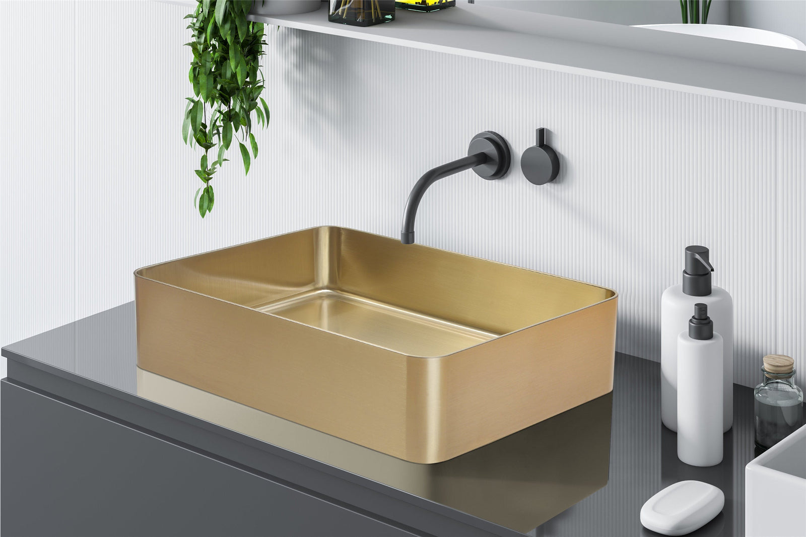 Lavabo de baño rectangular Zeek de 18” x 13” dorado con revestimiento de PVD Nano Tech de acero inoxidable ZN-G183