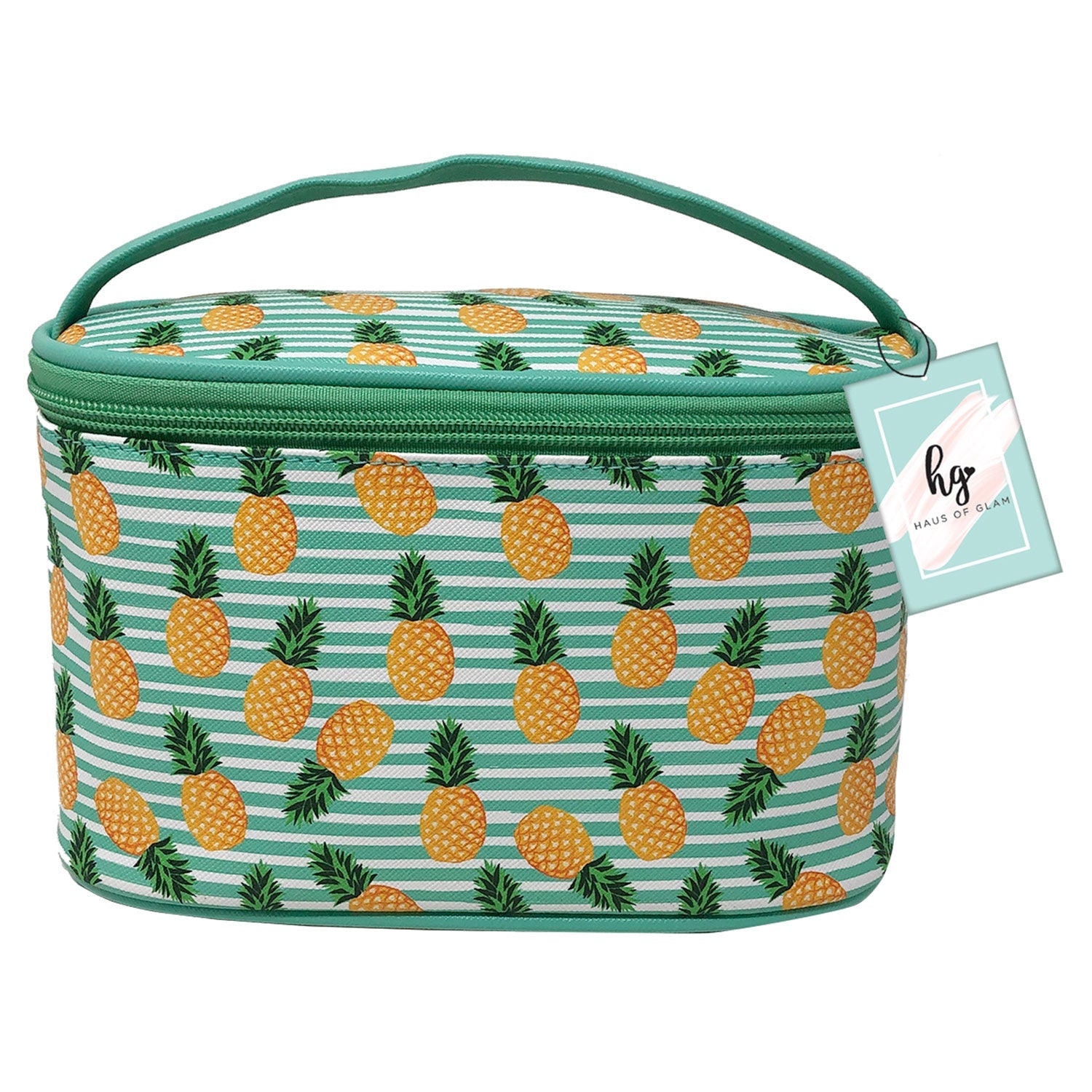 PREMIUS Cosmetic bag with Top Handle & Gold Metal Zipper, Pineapples Print, 10x7x6 Inches