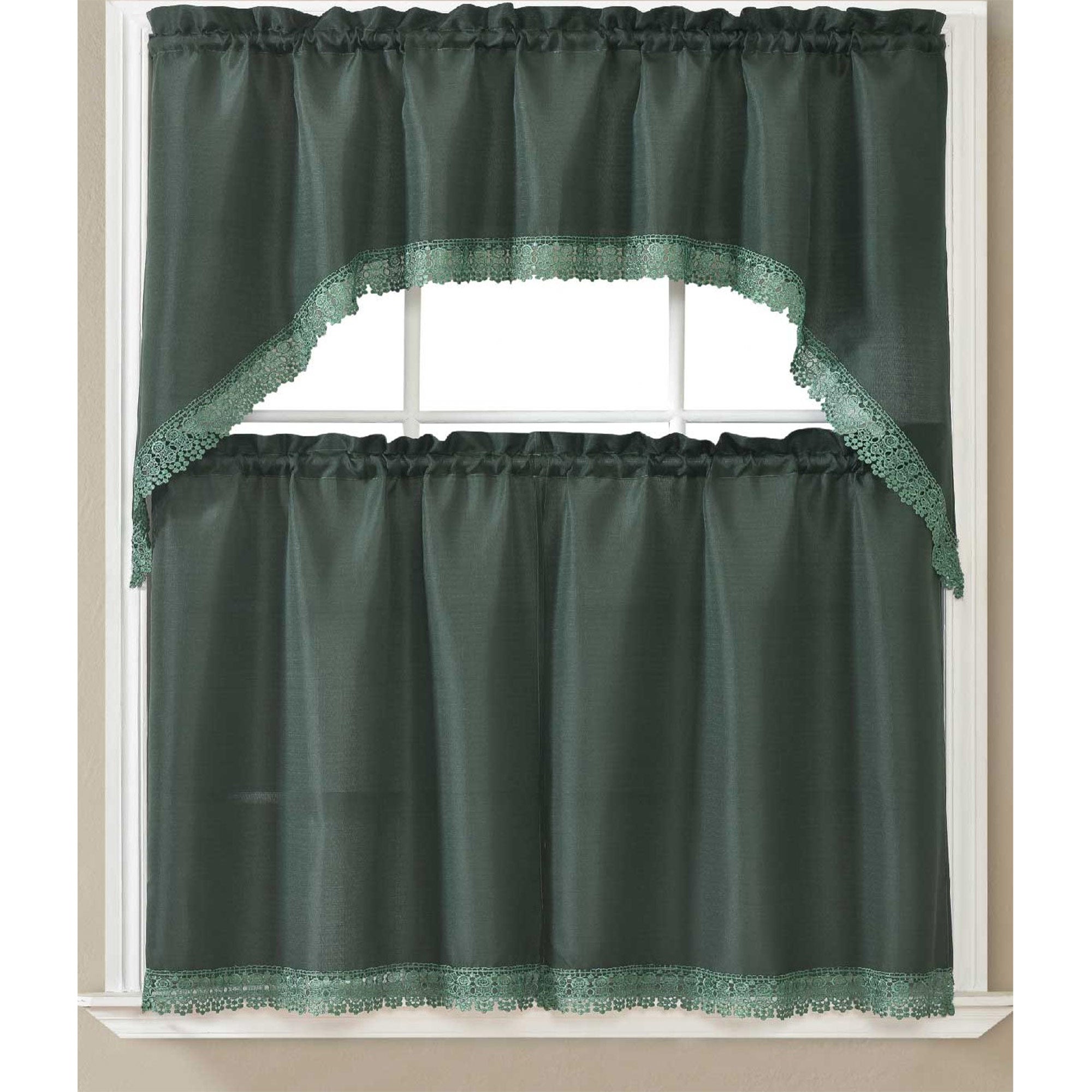 Maggie Kitchen Curtain Set with Macrame Fringes, Swag Valance 60x36, Tiers 30x36 Inches