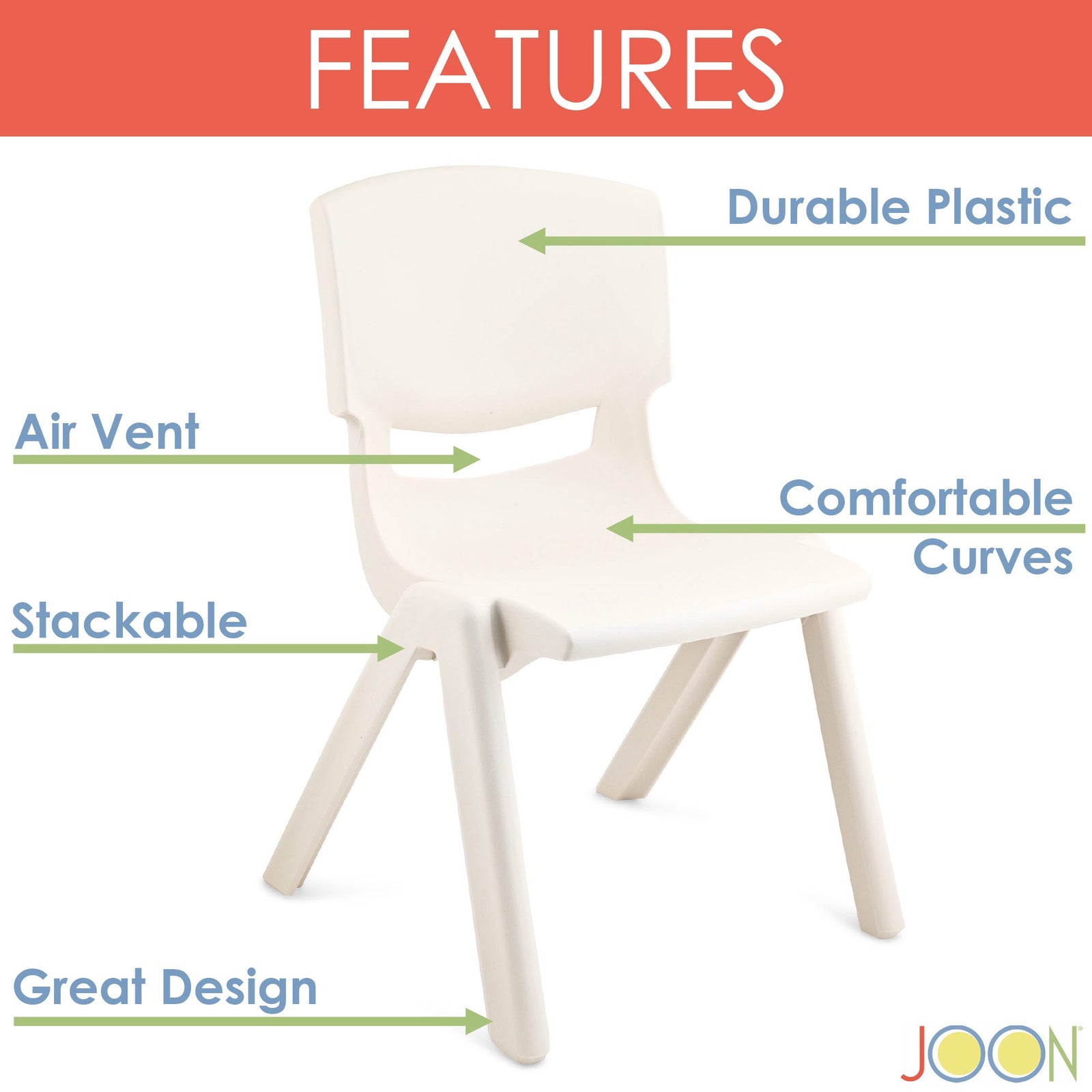 JOON Stackable Plastic Kids Learning Chairs, Ivory, 20.5x12.75X11 Inches, 2-Pack (Pack of 2)