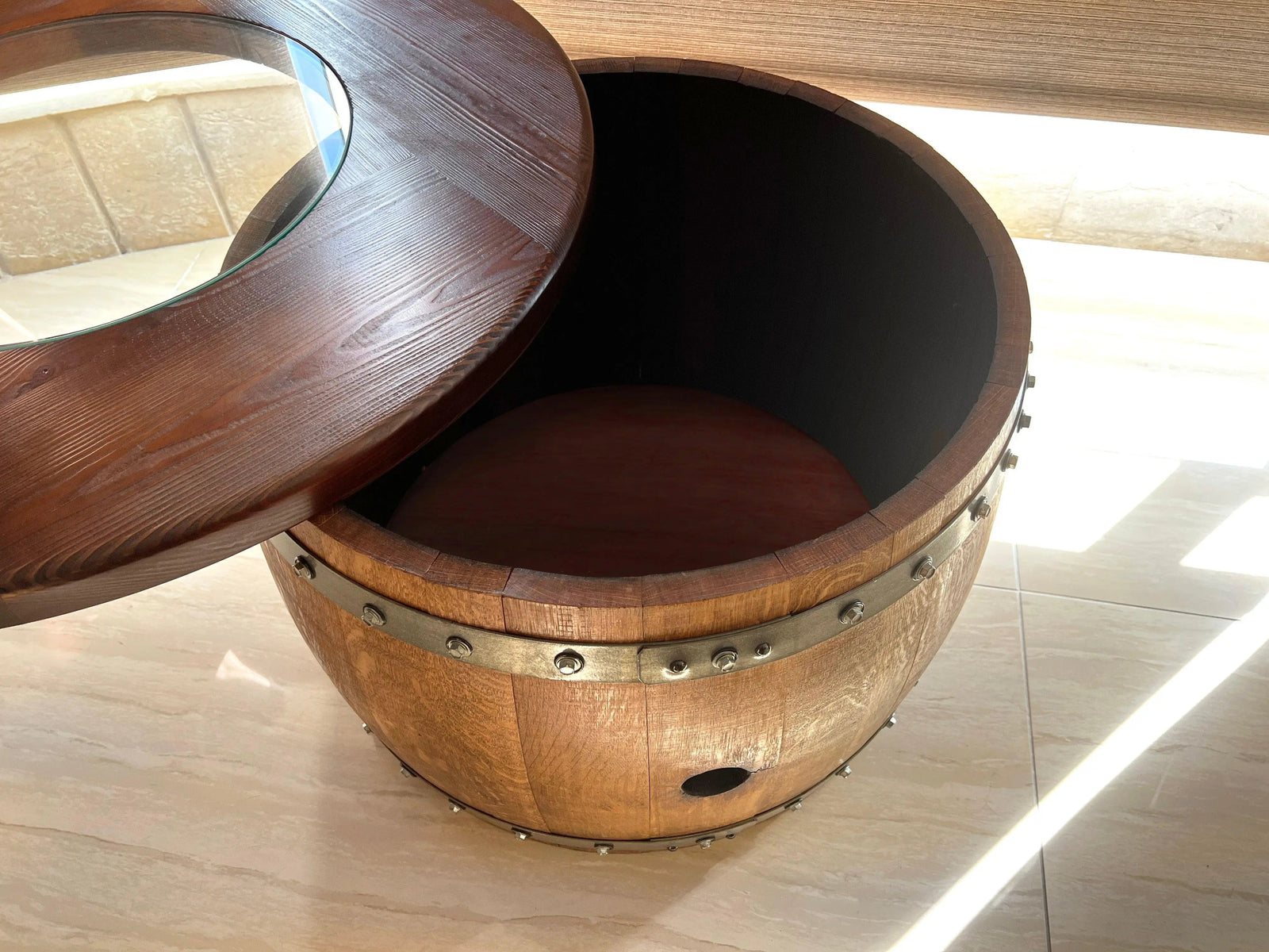 Mid-Wine Barrel Table - Wood-Glass