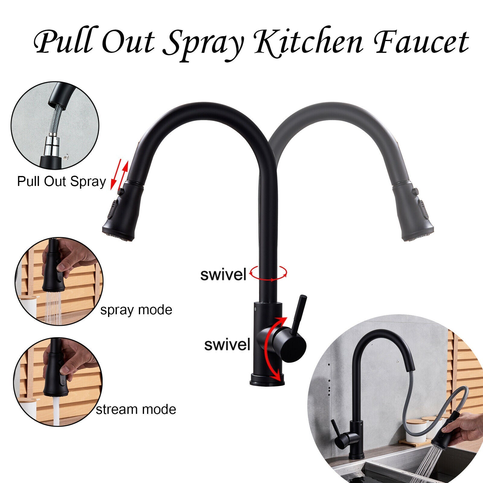 Matte Black Or Brushed Gold Pull Out Spray Kitchen Sink Faucet Commercial Swivel Tap W/Plate