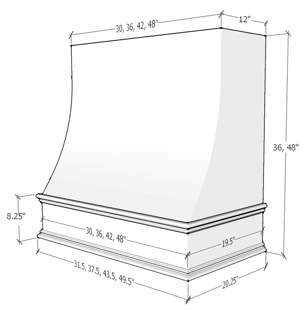 Primed Wood Range Hood With Sloped Front and Decorative Trim - 30