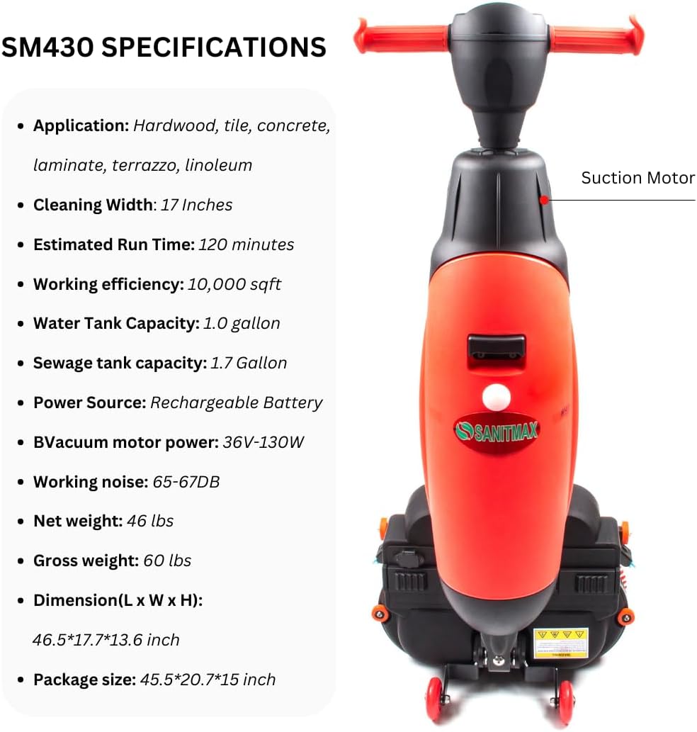 SM430 17" Walk-behind Floor Scrubber Machine, 360 Degree Rotating Head, 10000 sqft/h, Cordless Rechargeable Lithium Battery