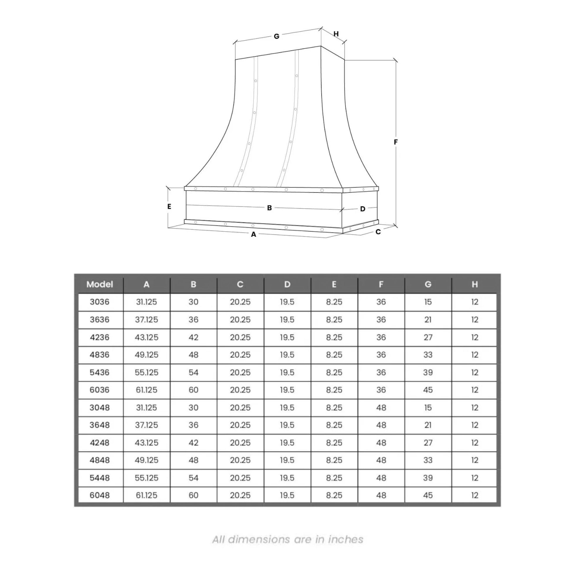 Navy Blue Range Hood With Curved Front, Brass Strapping and Buttons - 30", 36", 42", 48", 54" and 60" Widths Available