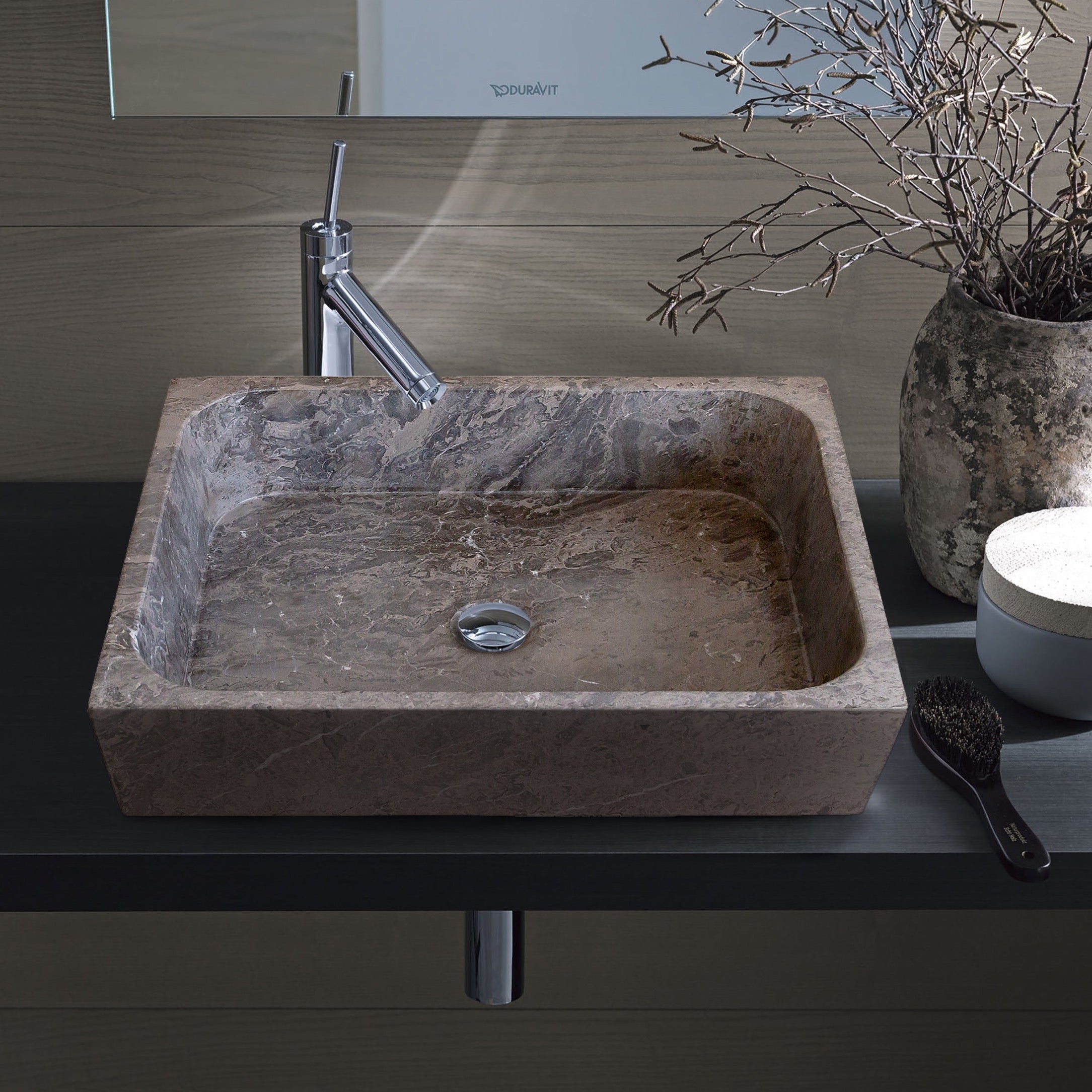 Lavabo rectangular para baño de mármol gris tundra de estilo rústico sobre tocador (ancho) 16" (largo) 19,5" (alto) 5"